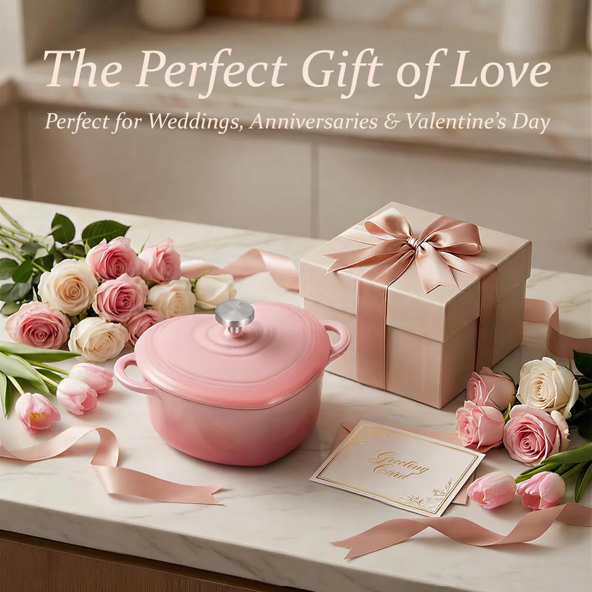 Overmont Olla Holandesa de Hierro Fundido Esmaltado Forma de corazón - 1.89L Cacerola con Tapa - Apta para Cocina y Horno, Hornear Estofar Asar - Regalo para Bodas y Festividades - Rosa