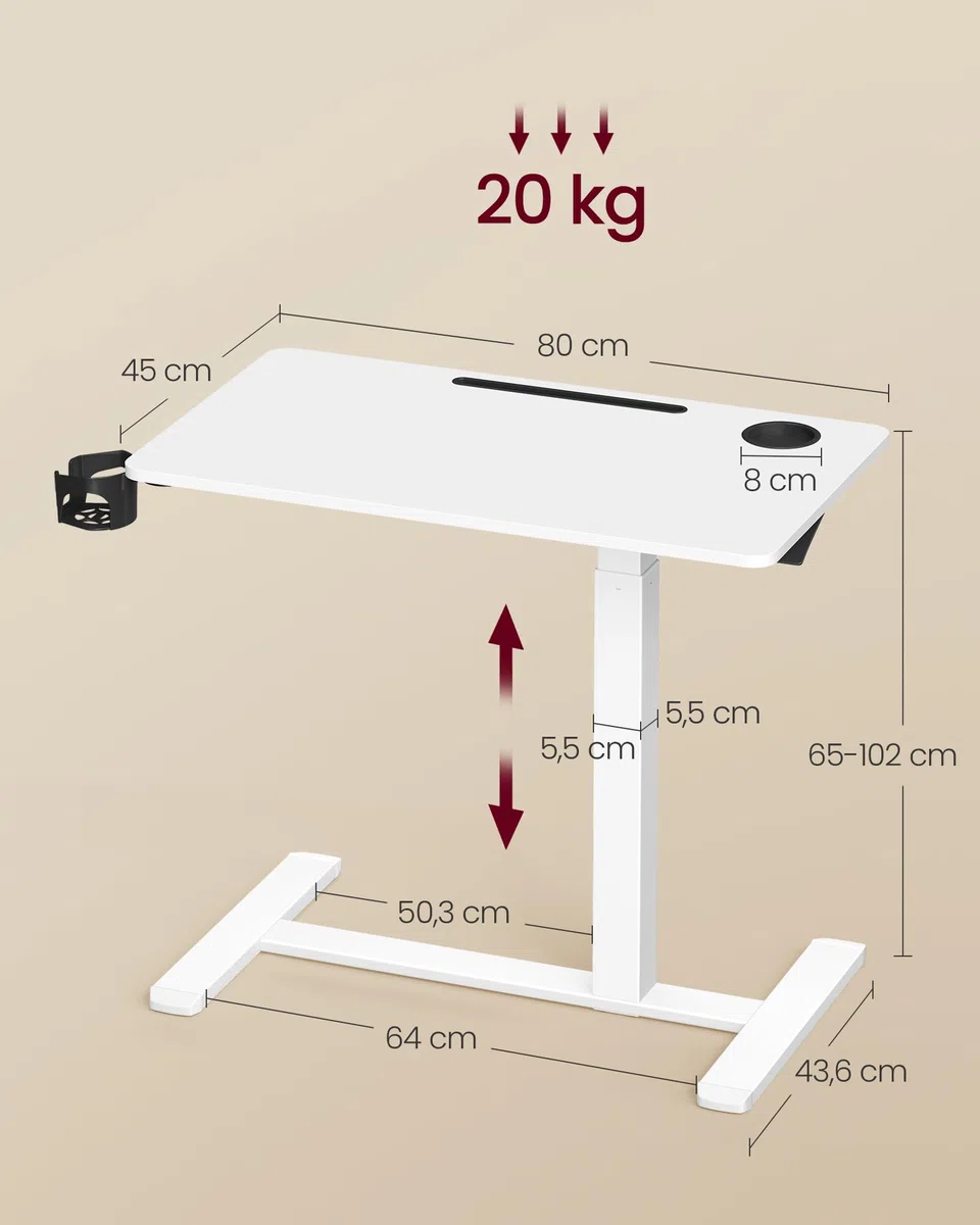 VASAGLE Escritorio con Ruedas, Mesa Auxiliar, Tablero de 80 x 45 cm, Altura Ajustable, 2 Portavasos, Ranura para Teléfono Móvil o Tableta, Blanco Nube LSD601W01