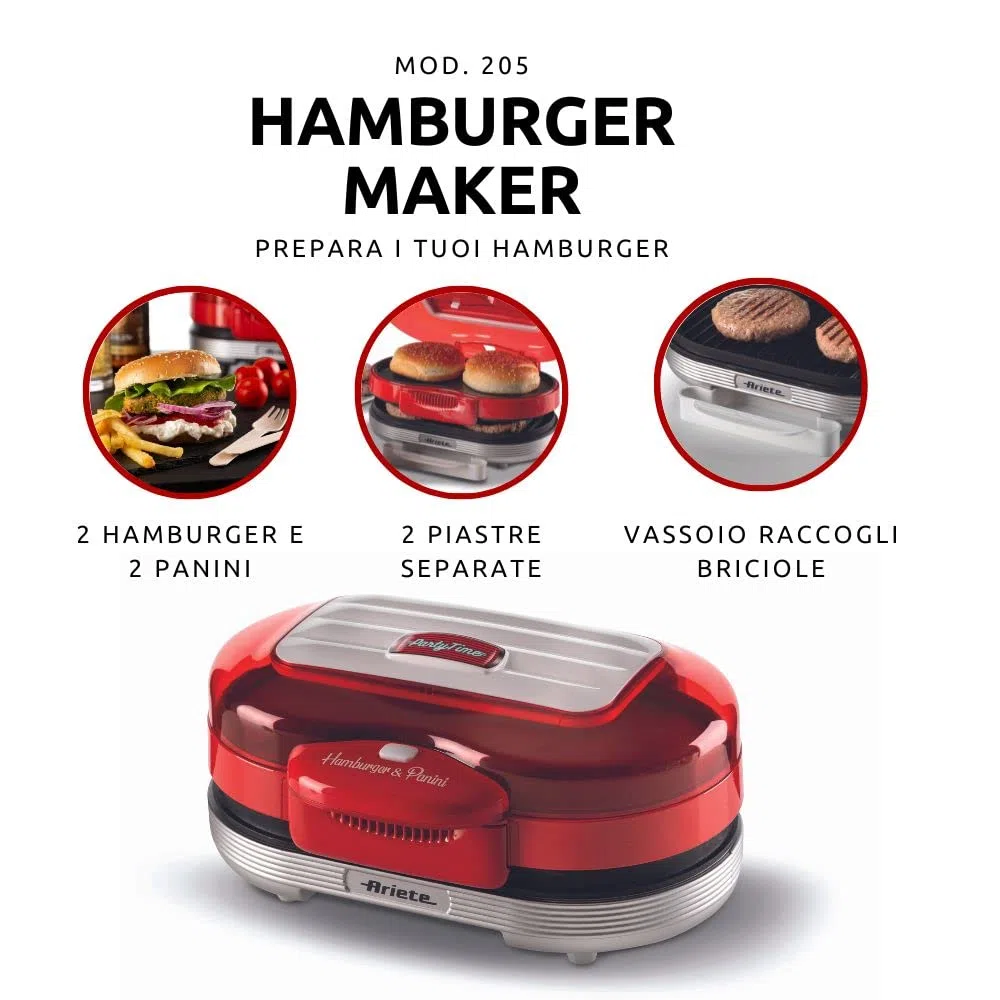 Ariete Hamburger Maker 205; rojo; 1200 W, Doble placa antiadherente, 2 compartimentos, Fácil de limpiar,