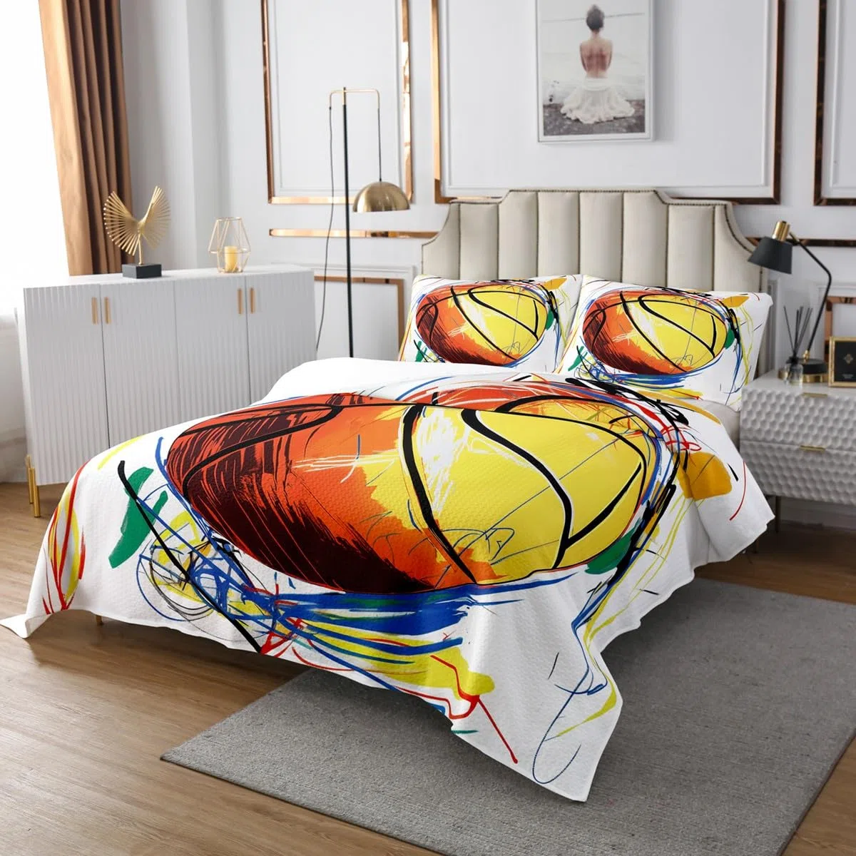 Homemissing Juego de colcha de baloncesto para niños, tamaño individual, juego de colcha deportiva para niños, adolescentes, decoración de regalo para amantes del baloncesto, jugador de baloncesto