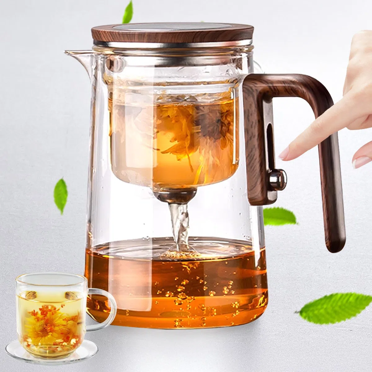 Tetera de cristal para separación de agua con filtro y mango de madera - Tetera mágica, diseño innovador para disfrutar del té uniformemente, tetera transparente con infusor