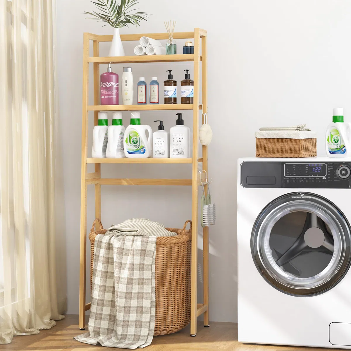 VASMIA Estante de Almacenamiento para baño, Organizador de bambú sobre el Inodoro, Ahorro de Espacio para Inodoro Independiente con estantes Ajustables de 3 Niveles, Natural