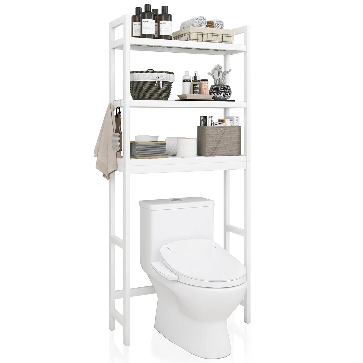 SMIBUY Estante de Almacenamiento para Baño, Estante Organizador de Bambú sobre el Inodoro, Ahorro de Espacio para Inodoro Independiente con Estantes Ajustables de 3 Niveles (Blanco)