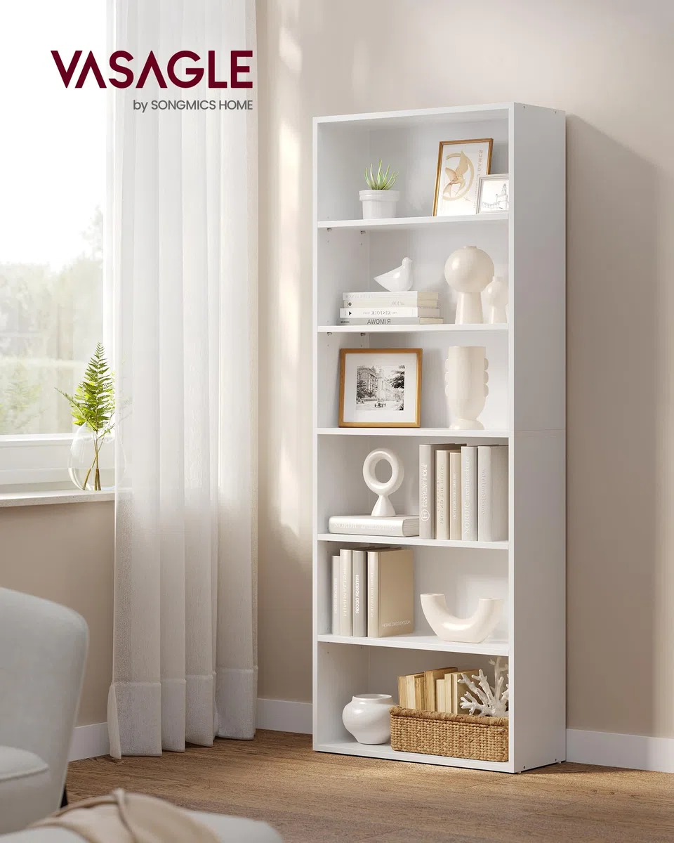 VASAGLE Custos Colección - Librería de 6 Niveles, Estantería de Libros, Organizador con Compartimentos, Estantes Abiertos y Ajustables, para Sala de Estar, Oficina, Dormitorio, Blanco Nube LBC166T14