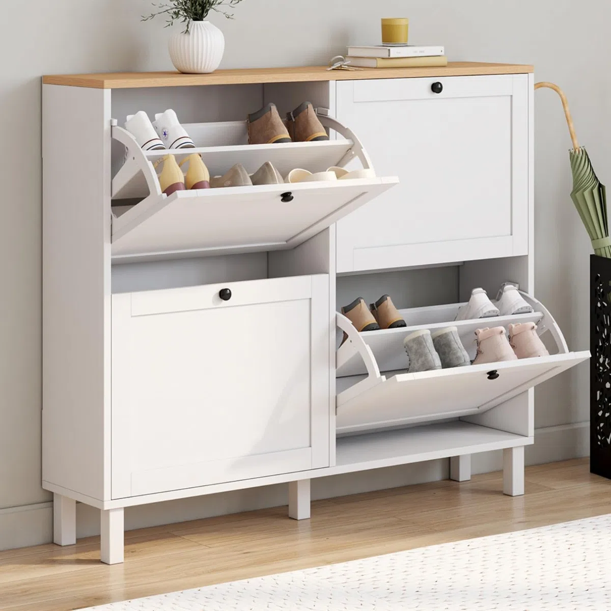 IDMarket - Zapatero Achille para 20 pares con 4 puertas, color blanco y bandeja de madera