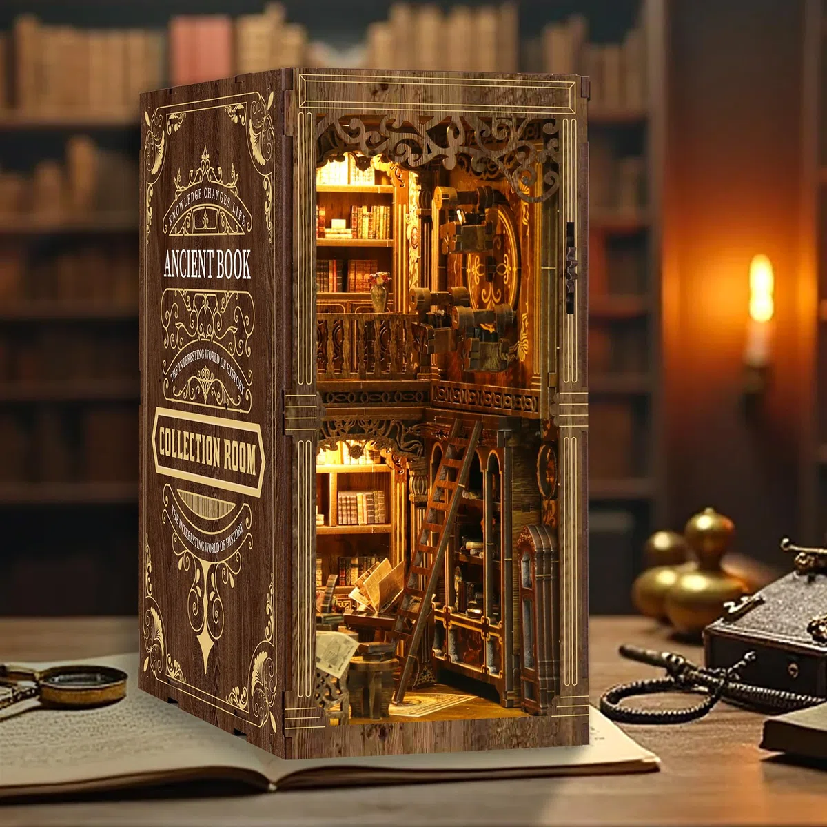 DIY Book Nook Kit-Biblioteca de Libros antiguos-3D Holzbausatz für Bücherregal Deko-Geschenke für Erwachsene und Teenager Weihnachten Geburtstag Geschenke