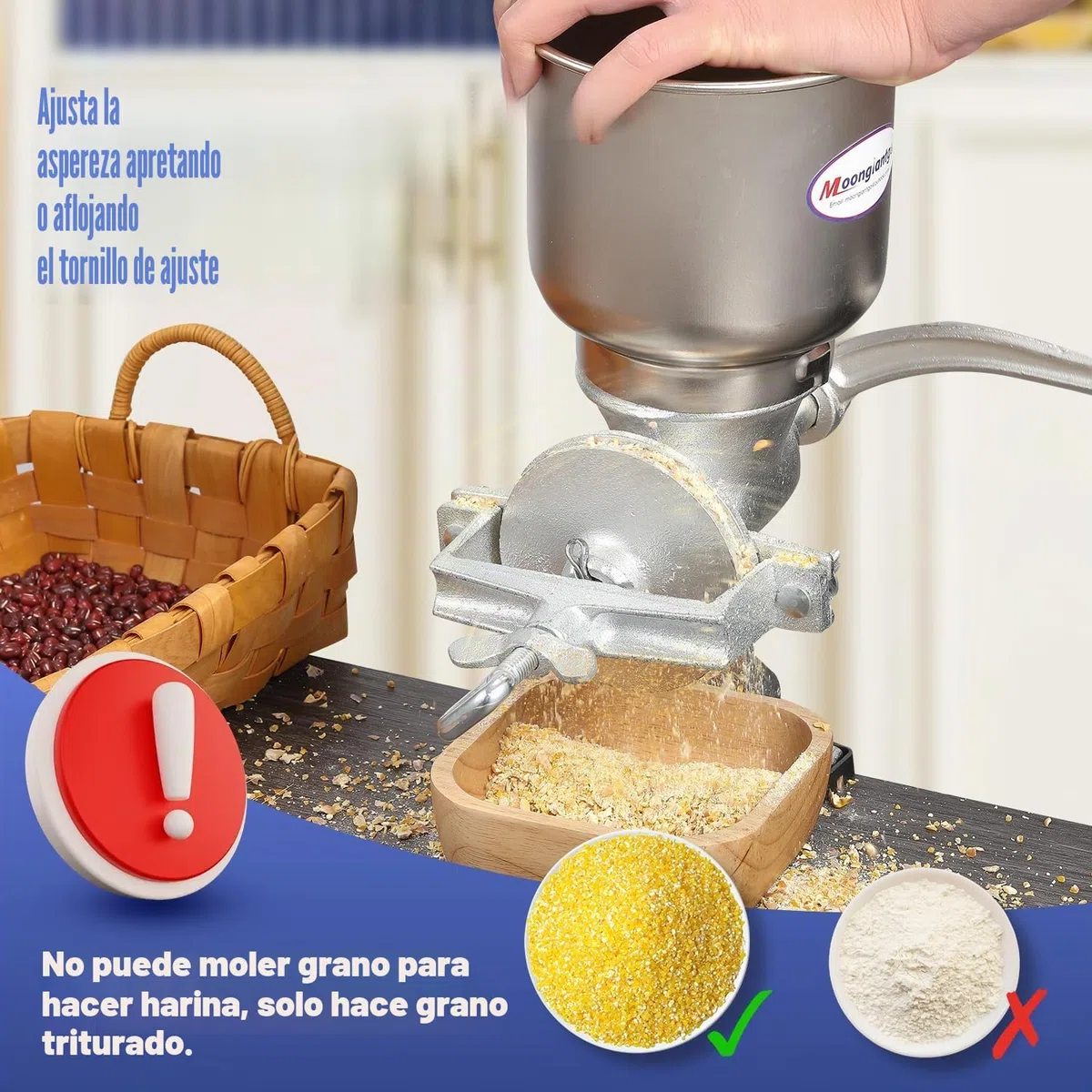 Moongiantgo Molinillo de Cereales Manual con 13cm Tolva Grande & 4cm Abrazadera de Mesa, Finura de Molienda Ajustable, Molino de Mano de Hierro Fundido, para Nuez, Café, Semillas, Maíz, Especias