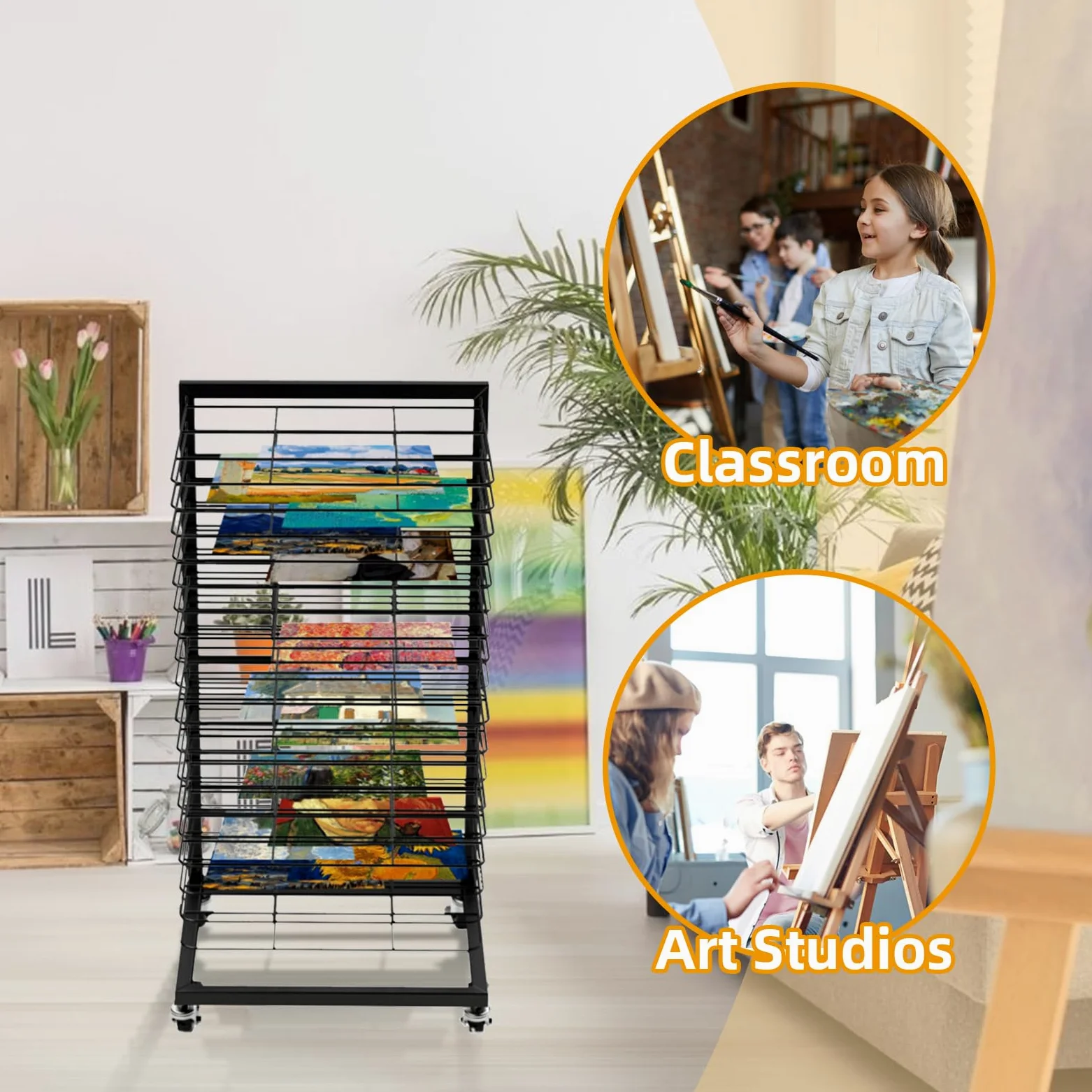 JAOGAUS Tendedero de Arte Móvil, Tendedero de Cuadros Funcional con Ruedas Bloqueables, con 18 Estantes Extraíbles, para Salas De Arte, para Cuadros Y Cuadros Al Óleo