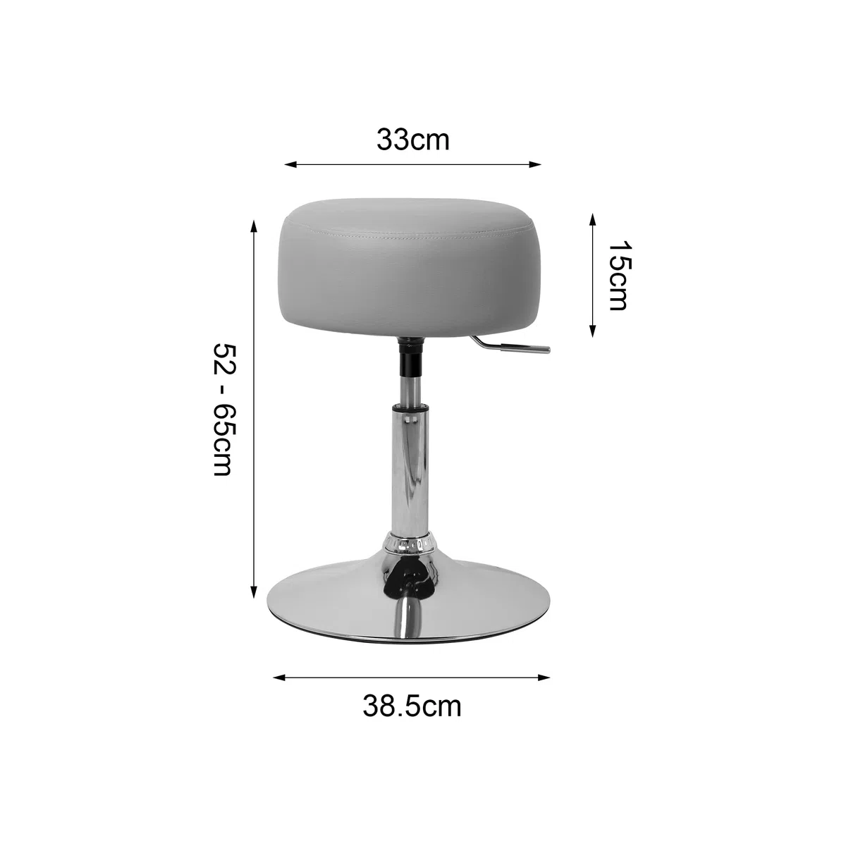 ML-Design Taburete de Maquillaje Acero Cromado Gris Claro Asiento Redondo Ø 33cm Tocador Silla Giratoria Regulable en Altura 52-65cm Mueble Make Up Tapizado Ergonómico con Funda de Imitación Polipiel