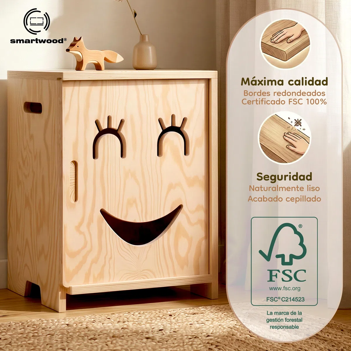 smartwood Mesita de Noche Infantil - Mesilla Montessori de Madera Contrachapada de Pino Certificada FSC - Diseño Apto para Niños, Estructura Estable y Montaje Fácil - KAPI 3P