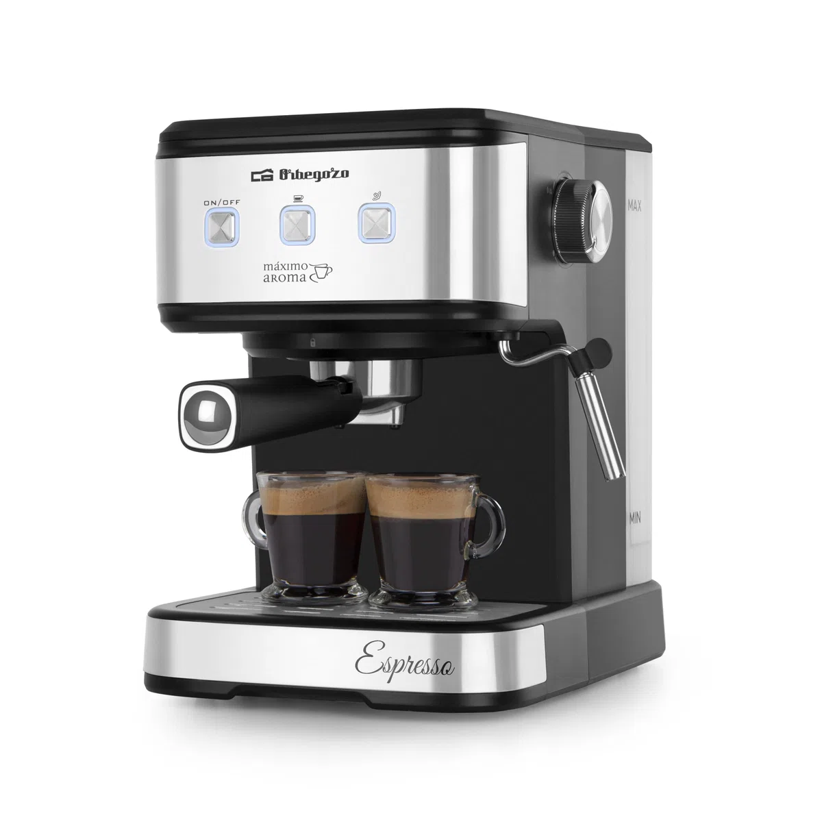 Orbegozo EX 5210 Cafetera espresso y cappuccino 20 bares, 1100W, depósito 1.5L, control electrónico, vaporizador inox, compatible con café molido y monodosis, sistema de seguridad