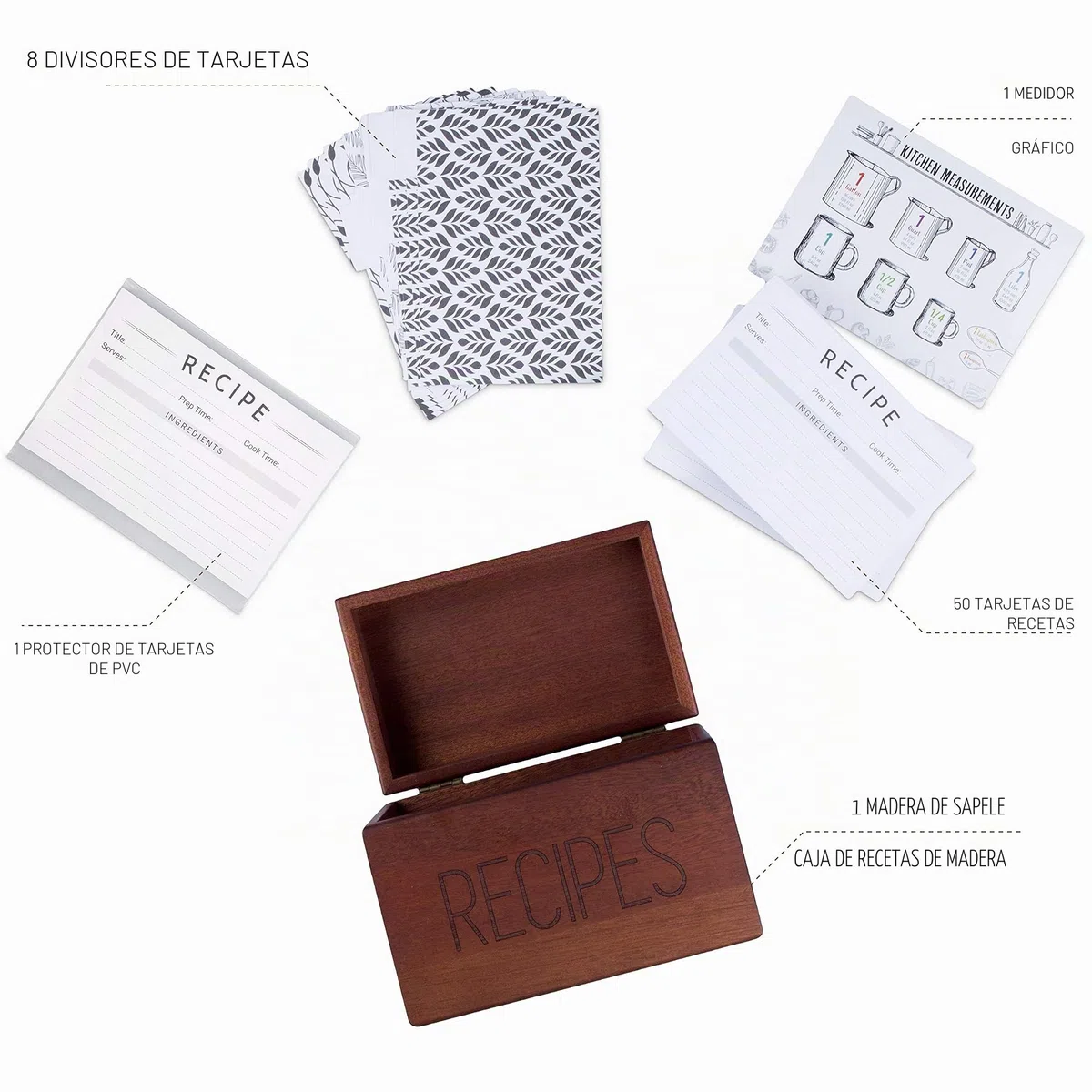 Apace Living Caja de recetas Sapele con tarjetas y divisores de Apace - Caja para tarjetas de madera de estilo vintage de 4 x 6 con soporte para recetas - Exclusivamente de la colección Premier