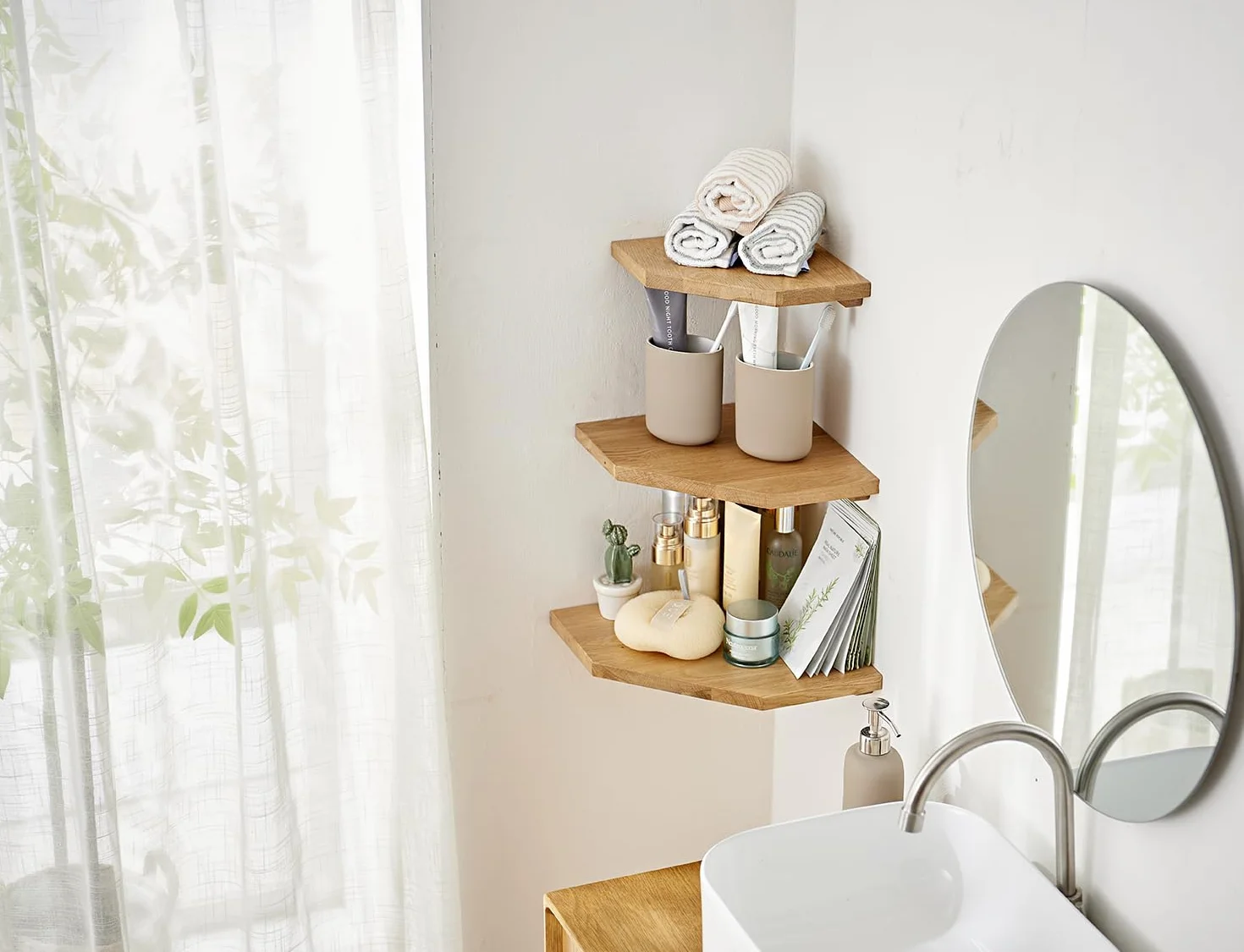 Flotantes Baldas para Esquina Madera Maciza, Estantería Esquina con Orificio de Alambre para Cables, Baldas para Esquina de Roble Pared para Baño, Cocina, Dormitorio, Salón (30 cm)
