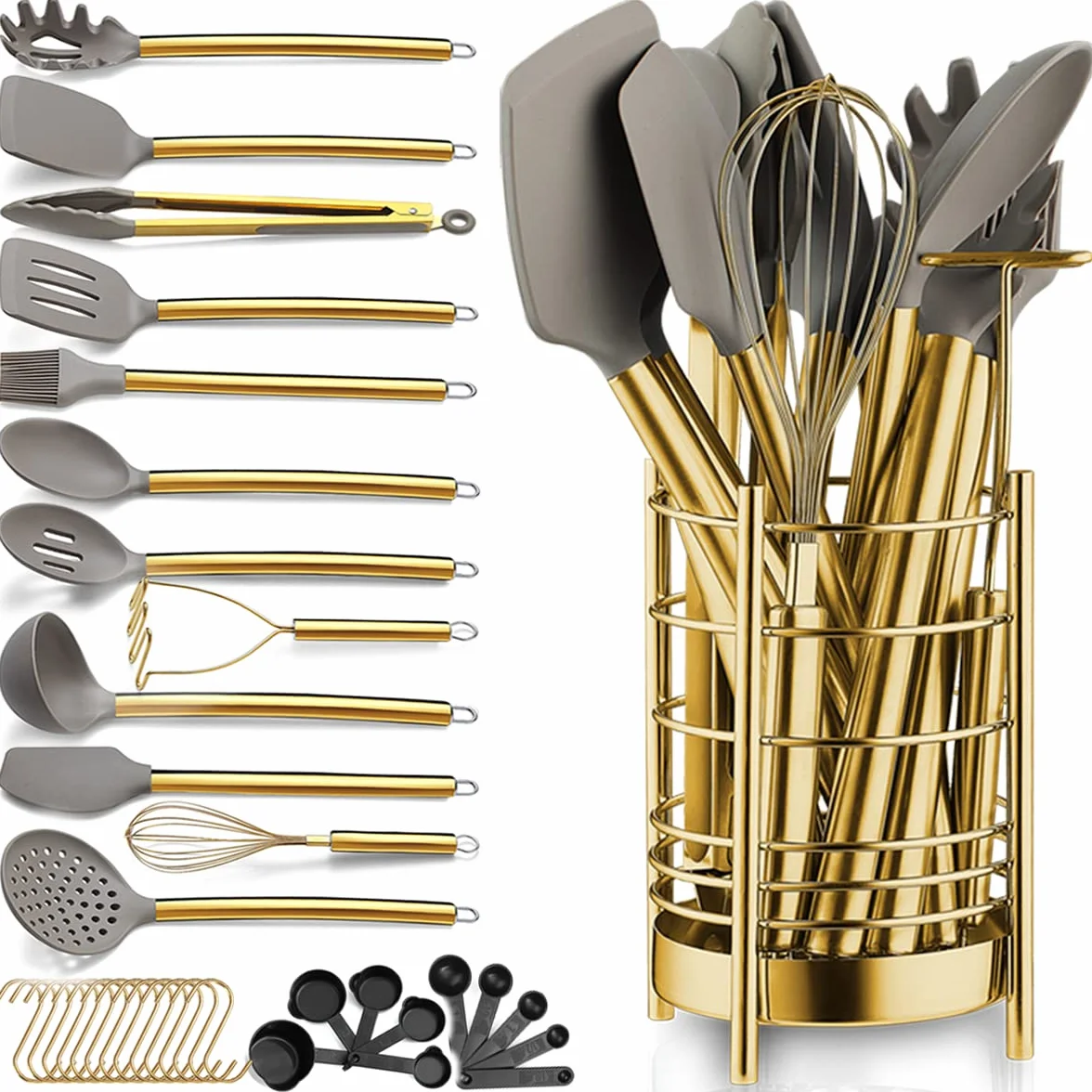 Berglander Juego de utensilios de cocina dorados de silicona antiadherente de 38 piezas, juego de cucharas y espátulas con resistente soporte para utensilios de acero inoxidable