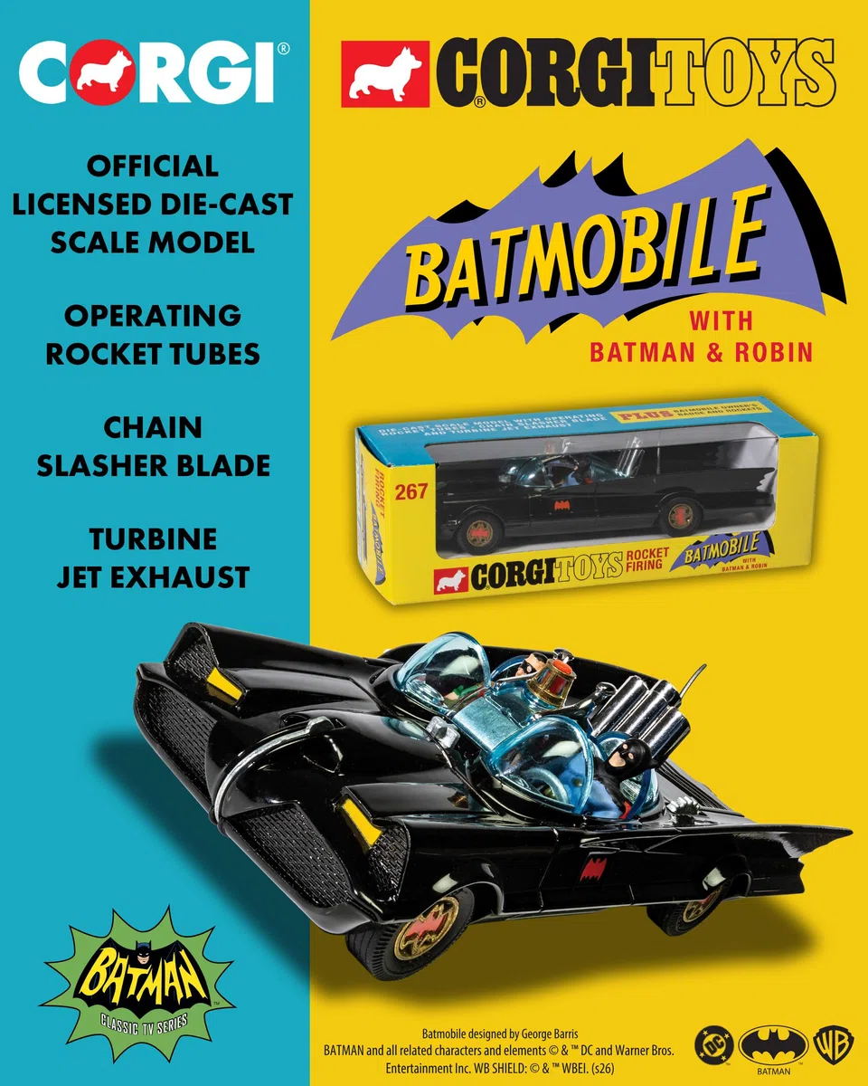 Corgi Diecast Model Cars - RT26701 Batimóvil con Batman y Robin - Pequeños Modelos de Coches de Juguete fundidos a presión para niños, Regalo para entusiastas del Motor