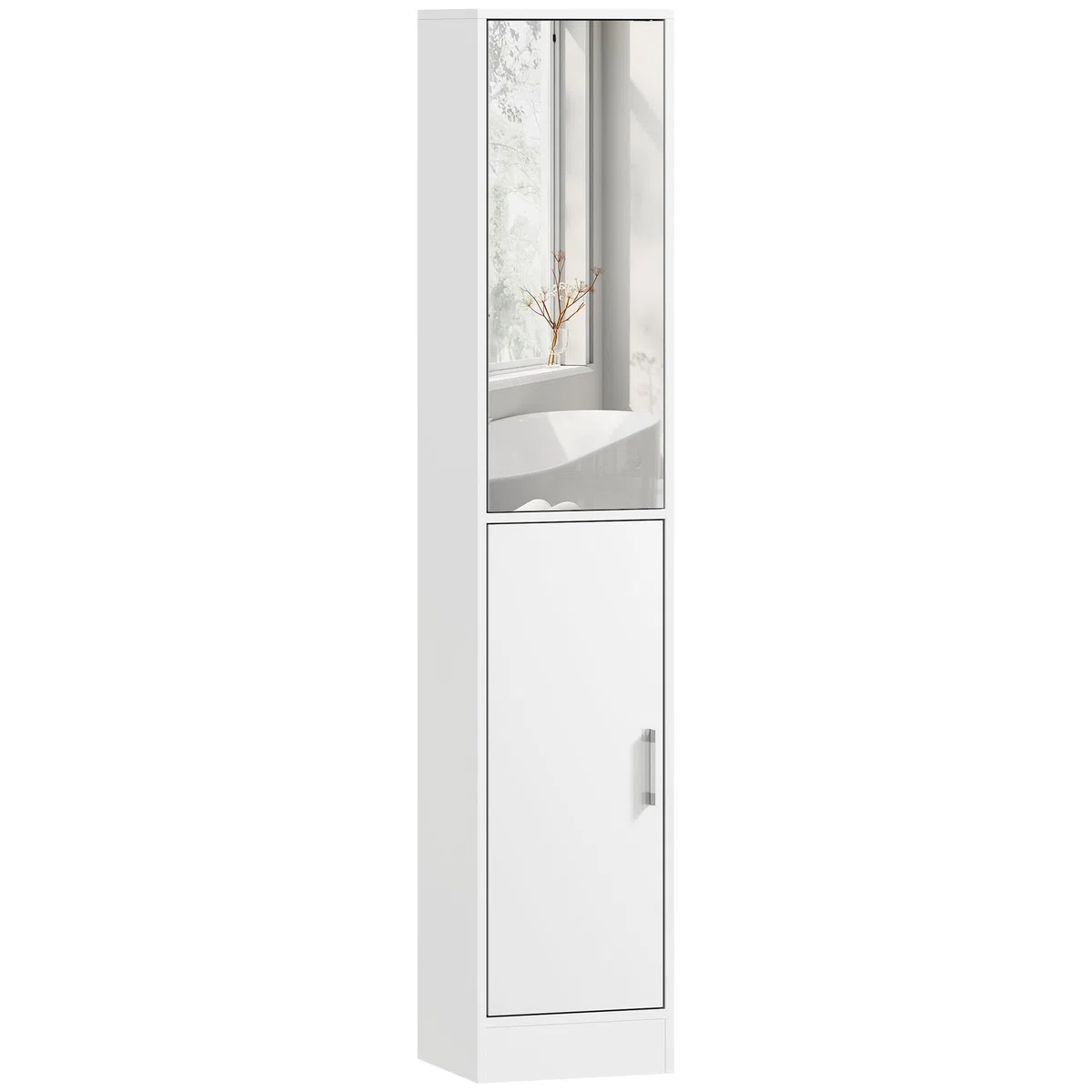 kleankin Armario para Baño Alto Mueble Columna de Baño con Espejo 2 Puertas y Estantes Interiores Ajustables Multiusos para Cocina Salón 32x28x162 cm Blanco