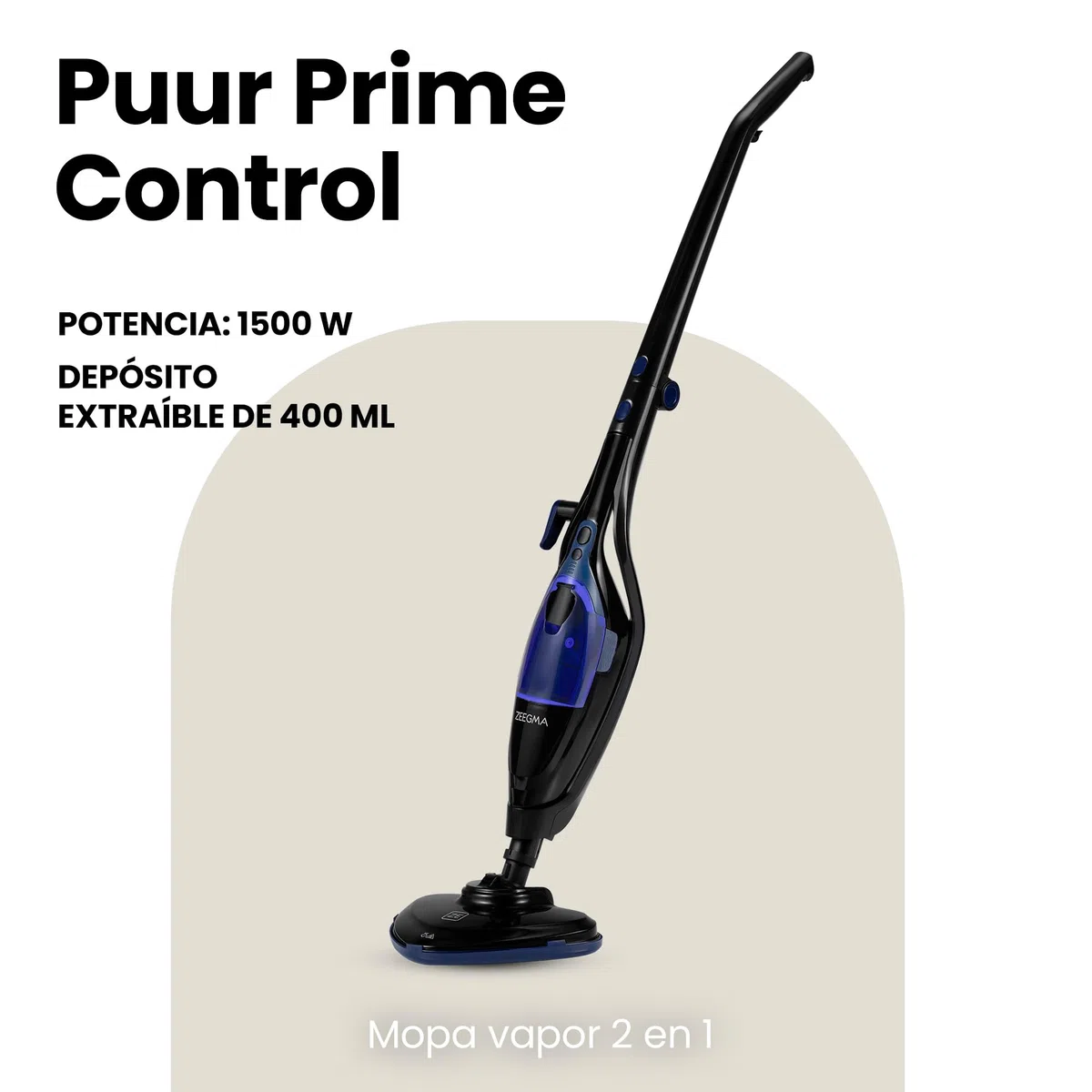 ZEEGMA Puur Prime Control – Mopa de Vapor 2 en 1 con 13 Accesorios, 1500 W, Depósito Extraíble 400 ml, Calentamiento 20 s, 3 Niveles de Vapor, Cabezal Giratorio, Cable 7 m – Limpieza sin Químicos