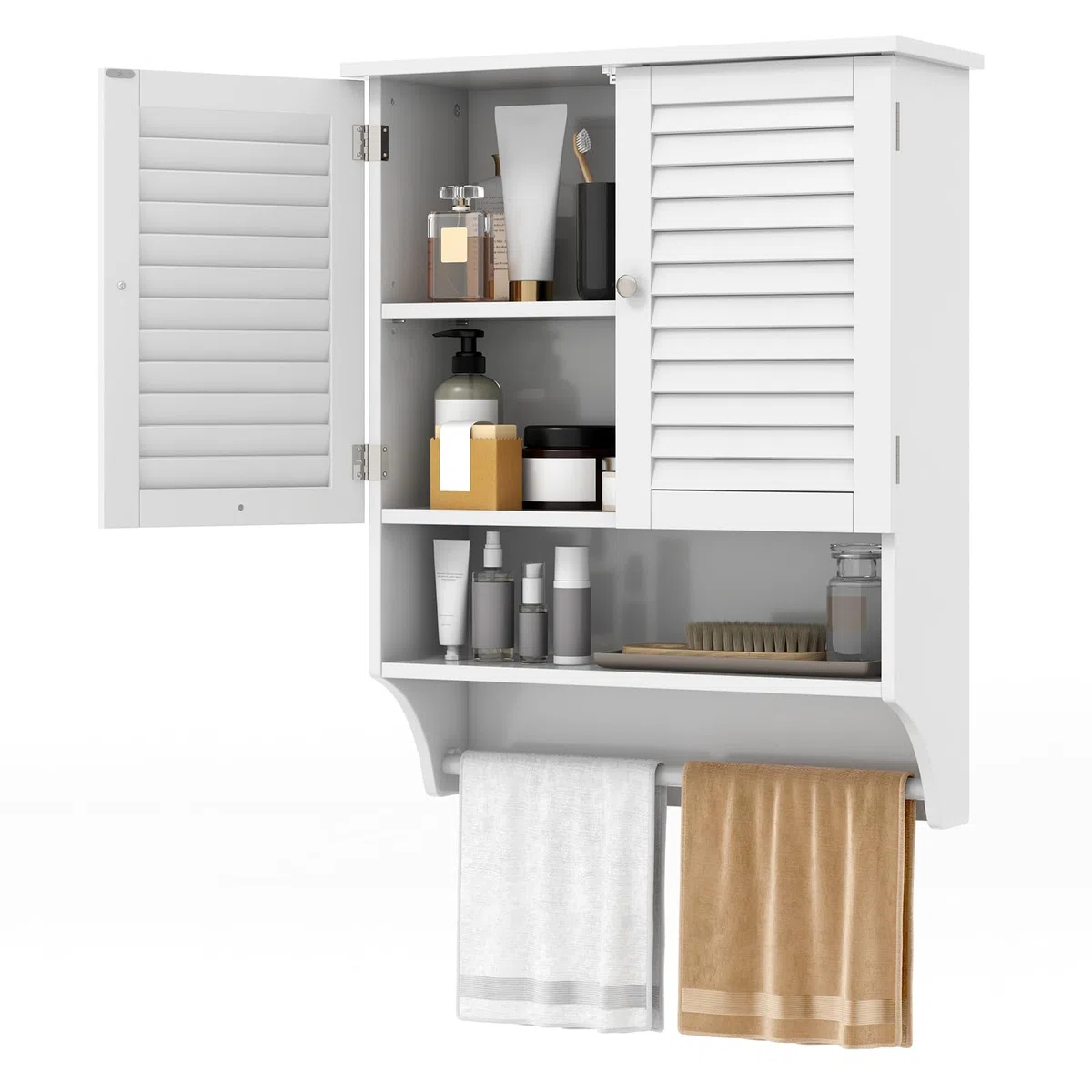 GIANTEX Armario de Pared para Baño, Armario Colgante de Madera con 2 Puertas Persianas, 3 Estantes y 1 Toallero, 60 x 22 x 75 cm, Mueble de Almacenamiento para Baño, Comedor, Entrada (Blanco)