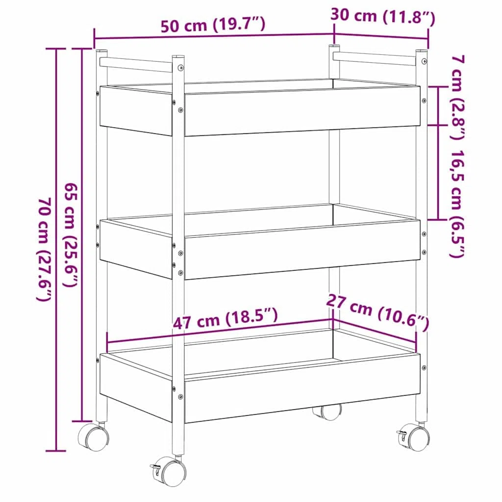 vidaXL Carro de Cocina Roble Artesanal 50 x 30 x 70 cm, Carro de Cocina Moderno, Carrito Rectangular móvil, Durable Madera, Almacenamiento rodante para Interiores