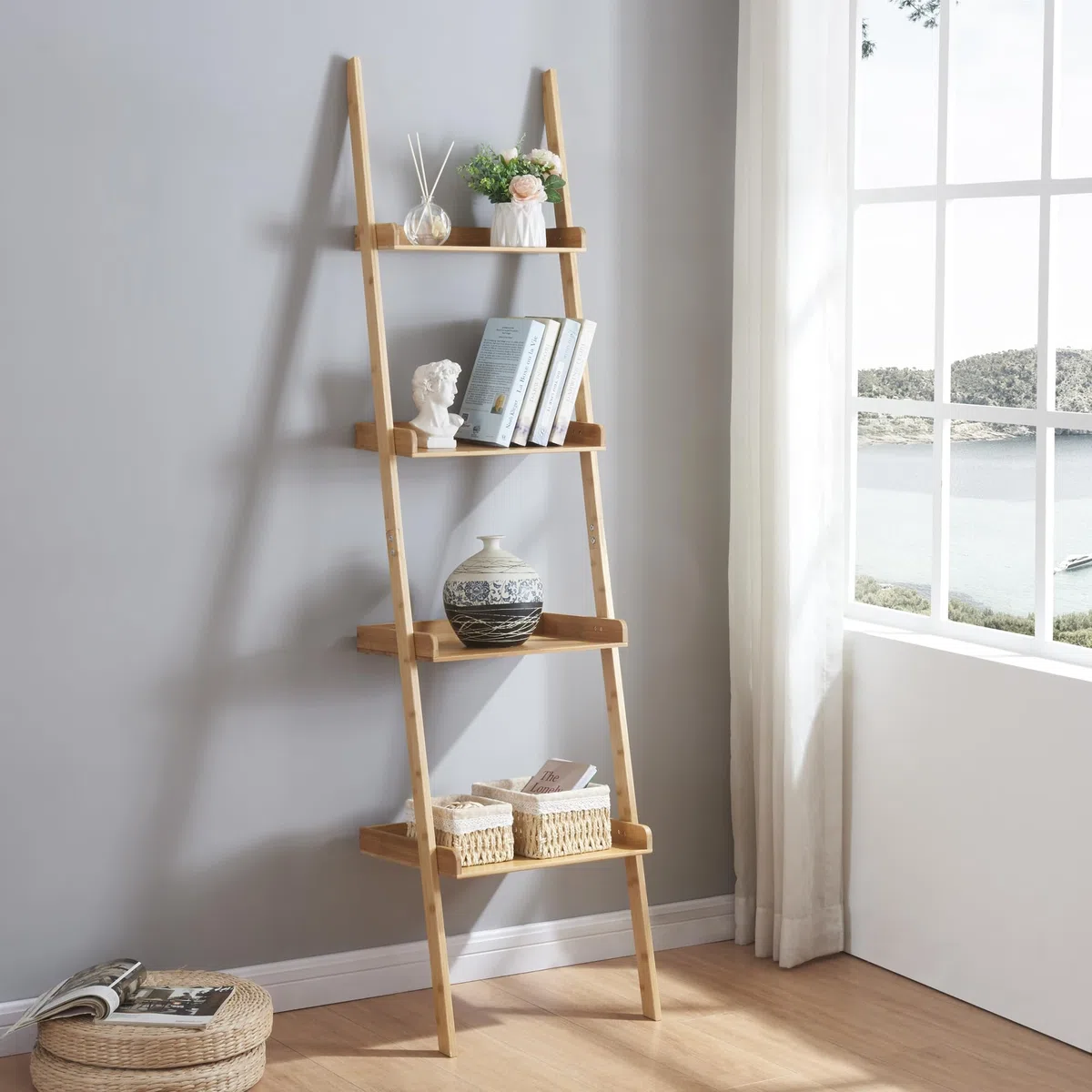 [en.casa] Estantería Escalera de 4 Niveles Estantería En Forma de Escalón 4 Estantes de Diferentes Tamaños Diseño Atemporal Bambú 176 x 44 x 37 cm - Natural