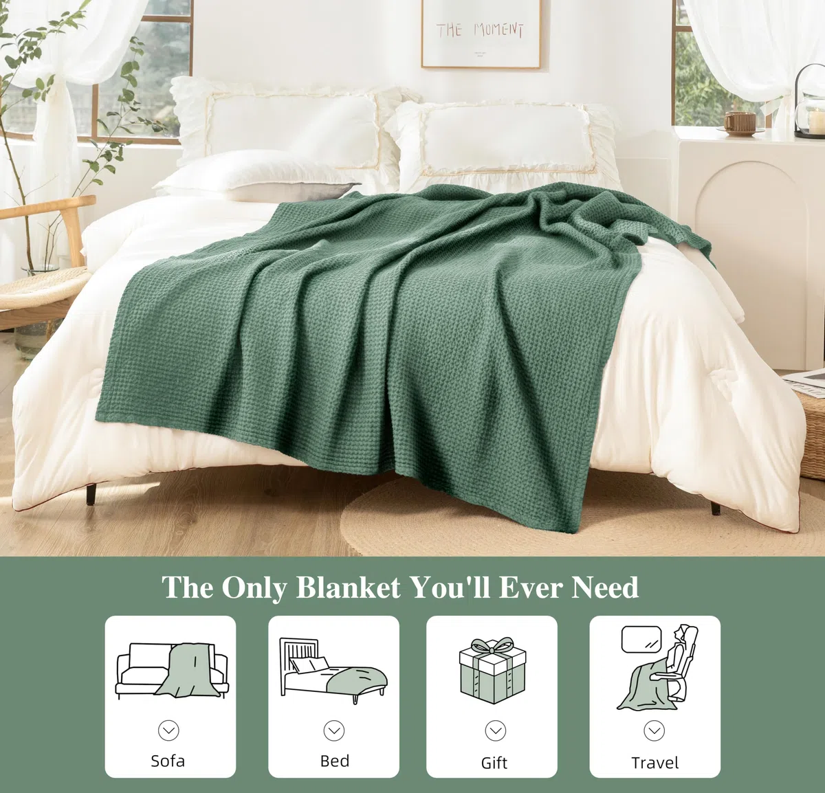 CHUFFED - Manta 100% algodón tejido gofre, 220x240cm, suave, ligera, cobija de arrullo para todas las estaciones, capa perfecta para sofá, cama y sillón, elegante decoración del hogar, tamaño Queen