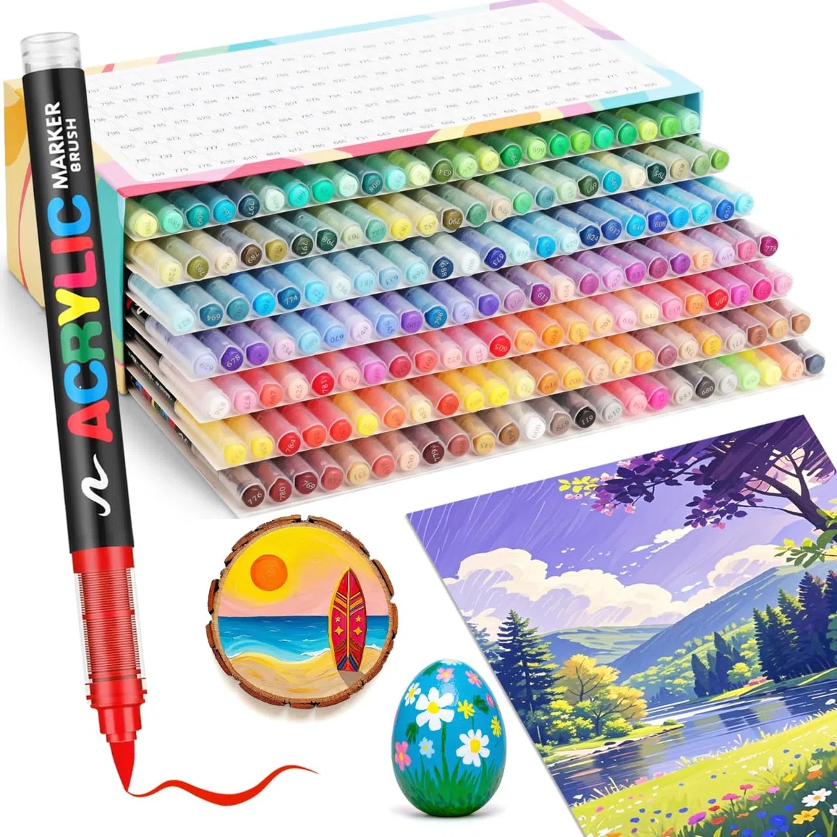 Guangna 168 marcadores de pintura acrílica, punta de pincel, tinta impermeable de secado rápido, para pintura de roca, plástico, madera, lienzo, vidrio, cerámica, metal, manualidades, suministros de
