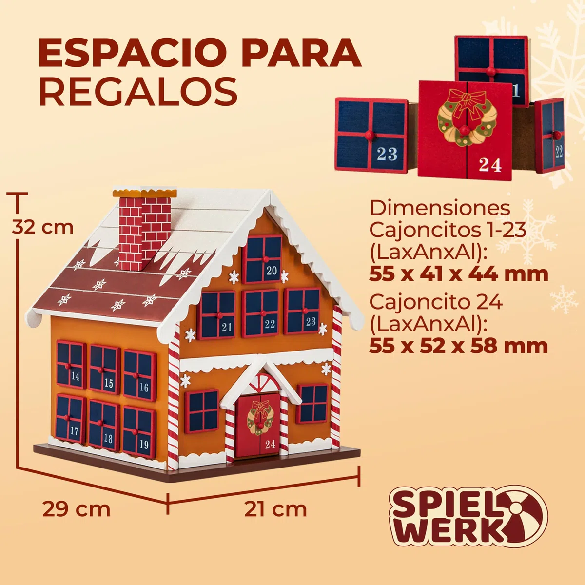 Spielwerk® Calendario de Adviento Madera Casita Jengibre 24 Cajoncitos Rellenable Chuches Vacio Reutilizable Adorno Decoración Navidad 2025 Personalizable