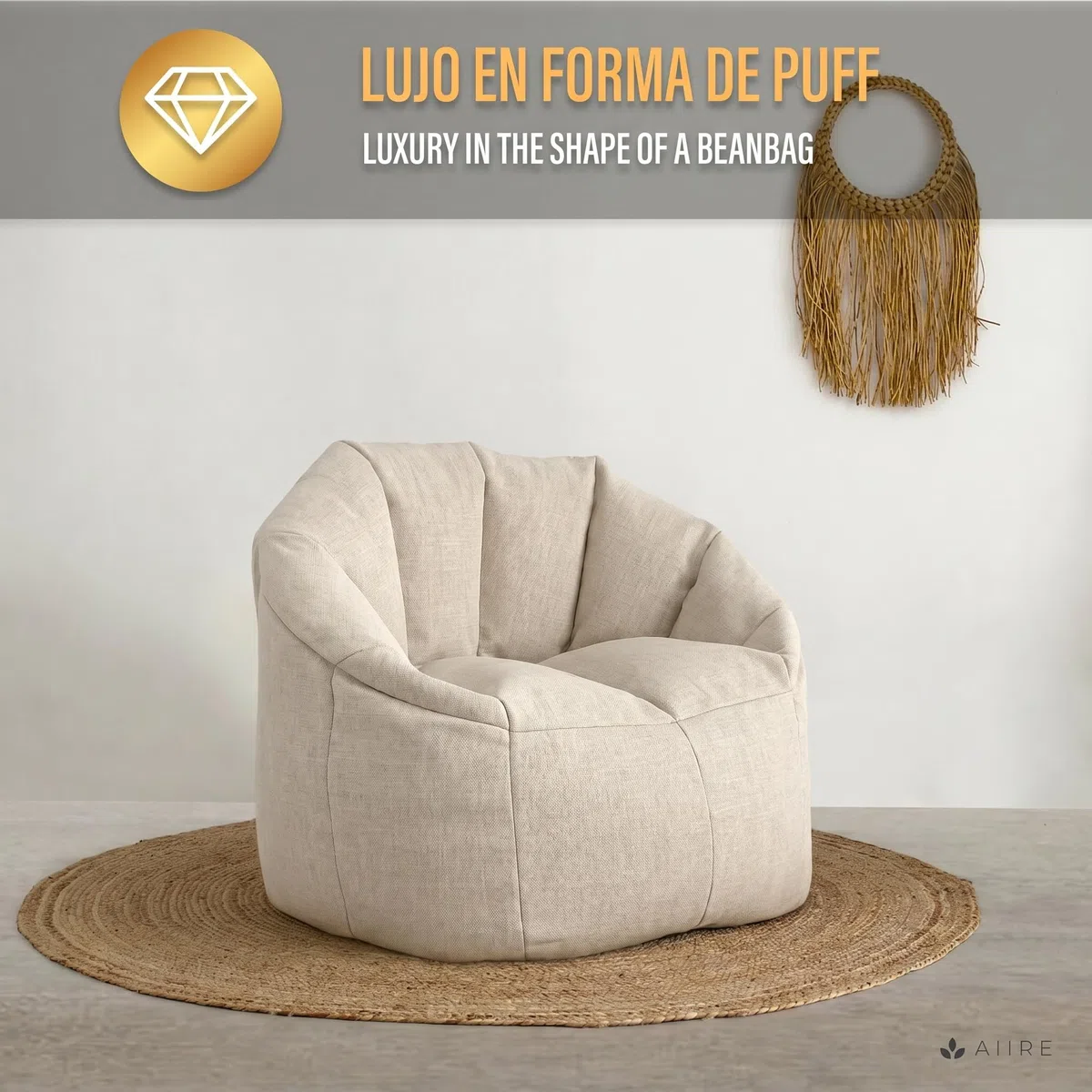 Aiire Sillon Puff Salon de Lujo - [85x85x75] Sofa Puf Moderno en Algodón Premium - Puffs con Relleno Incluido para Adultos o Decoracion Habitacion Juvenil - Bean Bag Chair Infantil XXL Beige