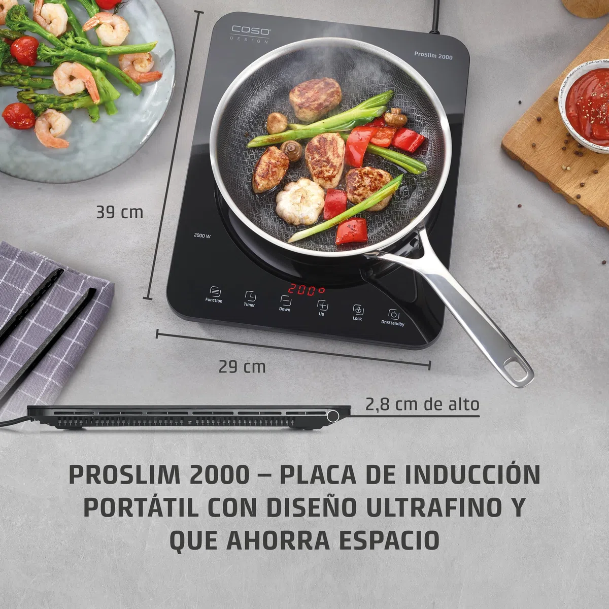 CASO ProSlim 2000 - Placa de Inducción portátil con 10 niveles, Control Táctil, Cocina para camper, viajes y campings, Detector de Sartenes,Control Seguridad niños, 39x29x3 cm, 2,3kg - negra