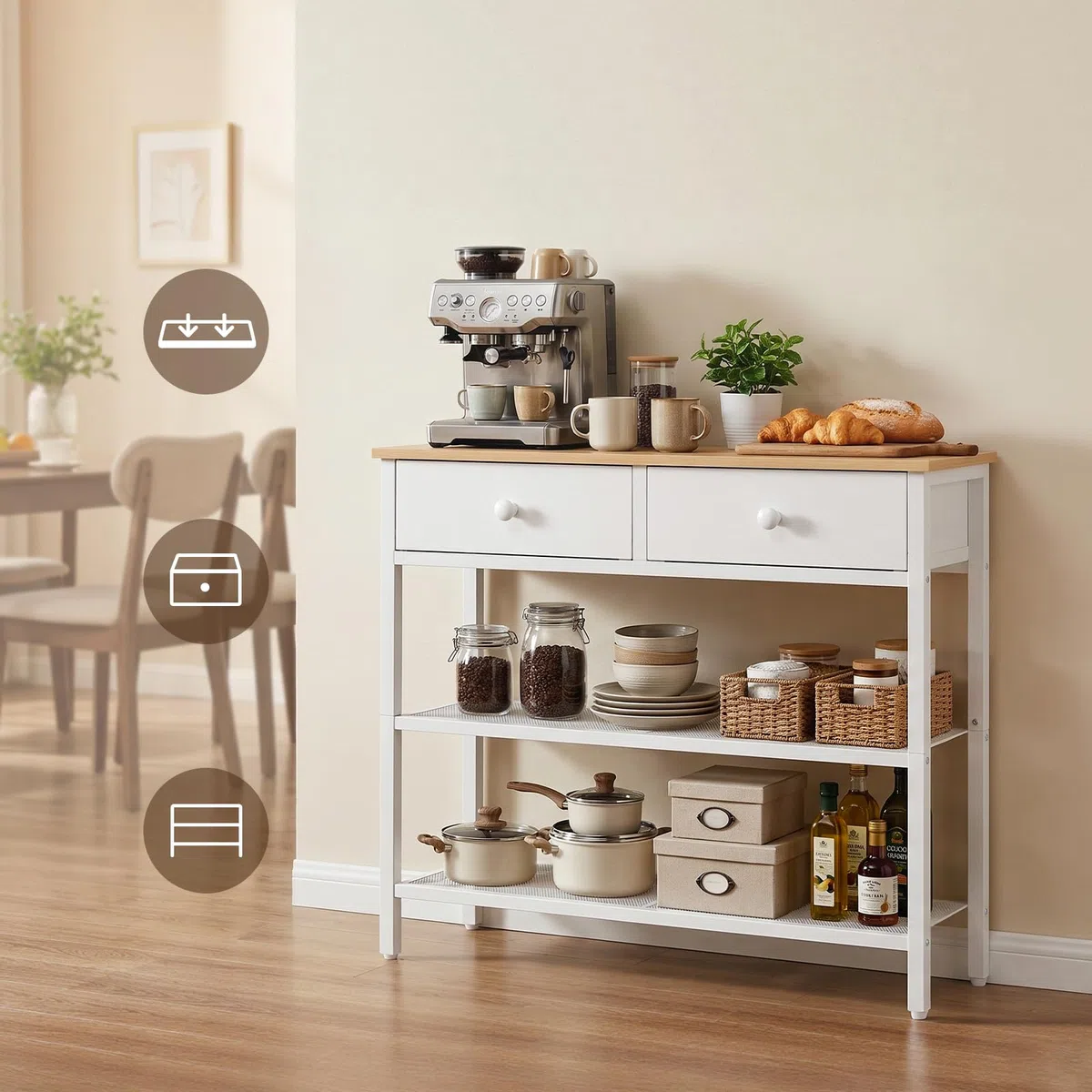 HOOBRO Mesa de Entrada de 75 cm de Largo, Mesa de Sofá de Estilo Industrial con Dos Cajones de Tejido no Textil, Consola con 3 Estantes, Dormitorio, Blanco y Color Madera Natural EWW72XG01G1