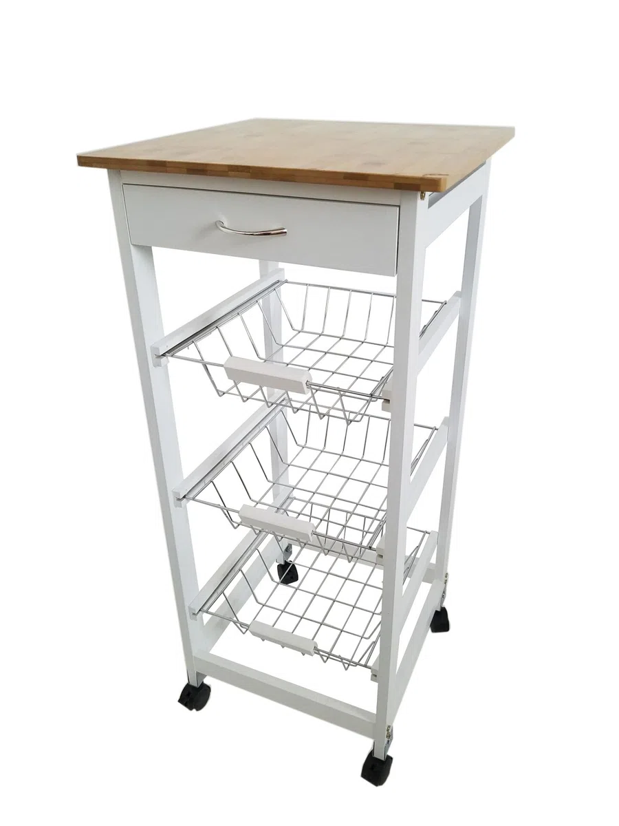 Verdulero frutero, Carro de Cocina con Ruedas, 37x37x85 Blanco Tapa Madera Oporto 6