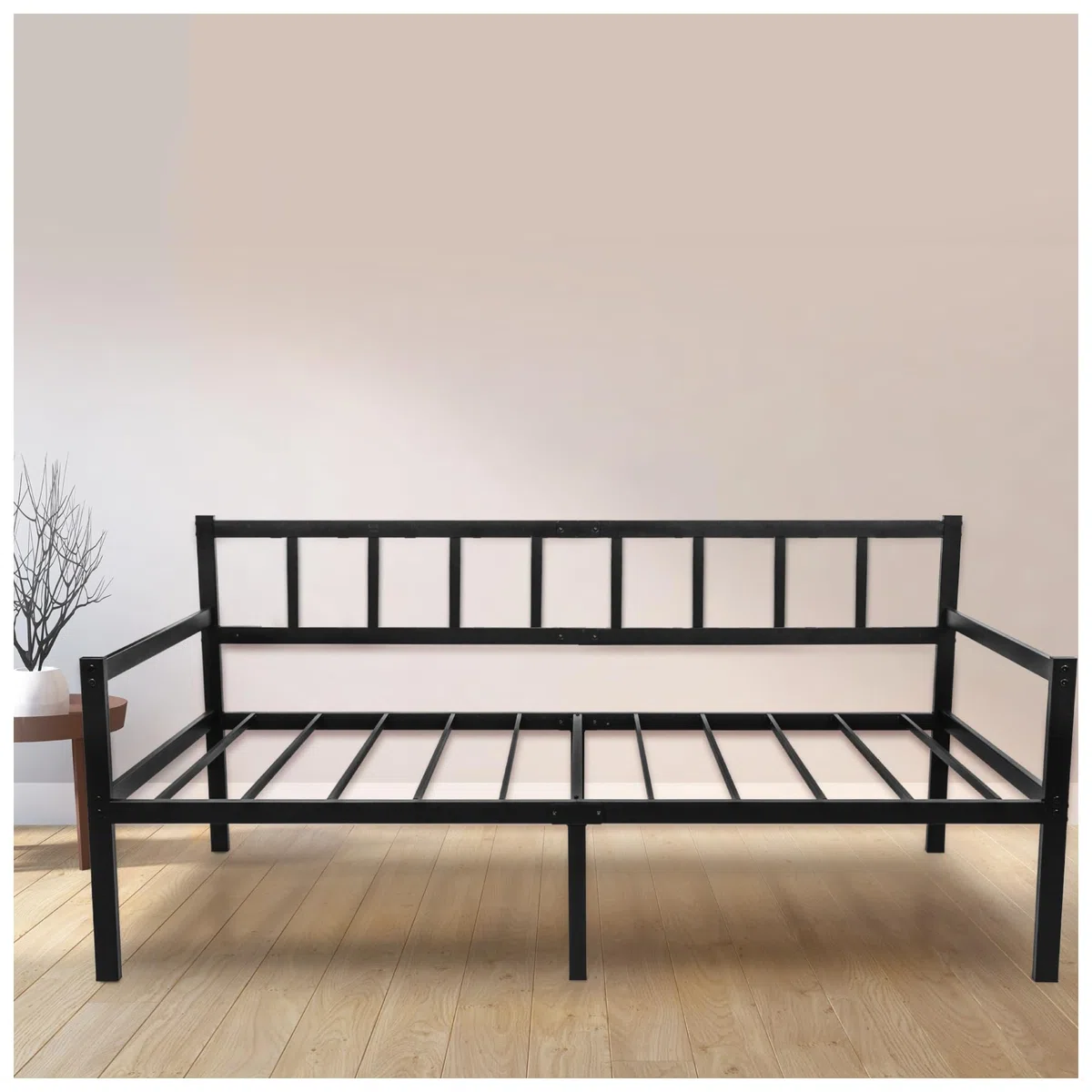 Cama de Asiento 2 en 1 – Cama de sofá 92 x 202 x 36 cm – Marco de Cama para colchón de 90 x 200 cm – Marco de Cama de 1 Plaza con somier – Banco de Cama Individual – Sofá Marco de Metal Negro