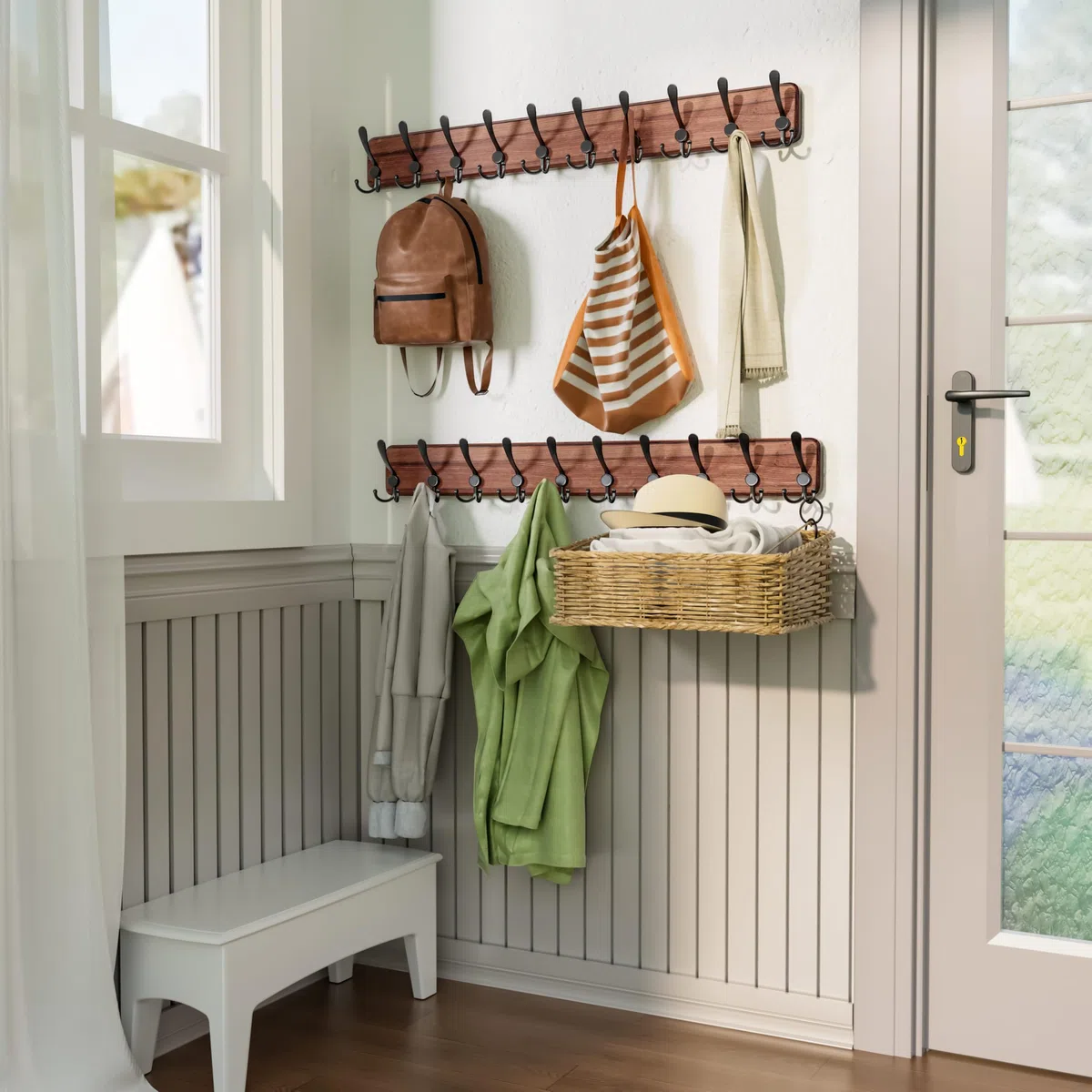 SKOLOO Percheros Pared Madera con 10 Ganchos- 97 cm, Pino, Perchero de Pared para Entrada Recibidor Dormitorio Salon, Marrón