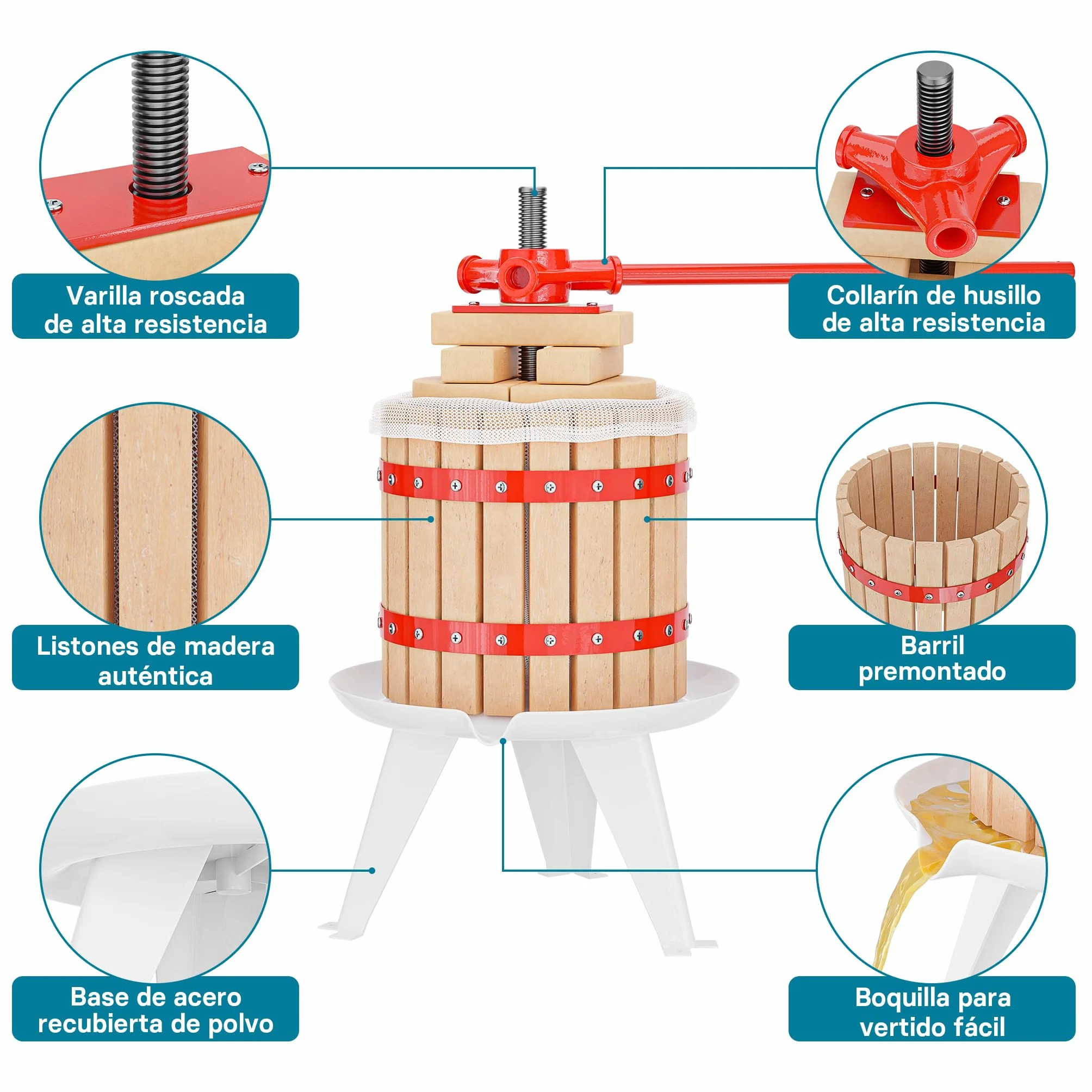 WilTec Prensa en Madera para Frutas, Mosto, Vino, Manzanas con Capacidad de 12 litros con Bolsa para Pulpa
