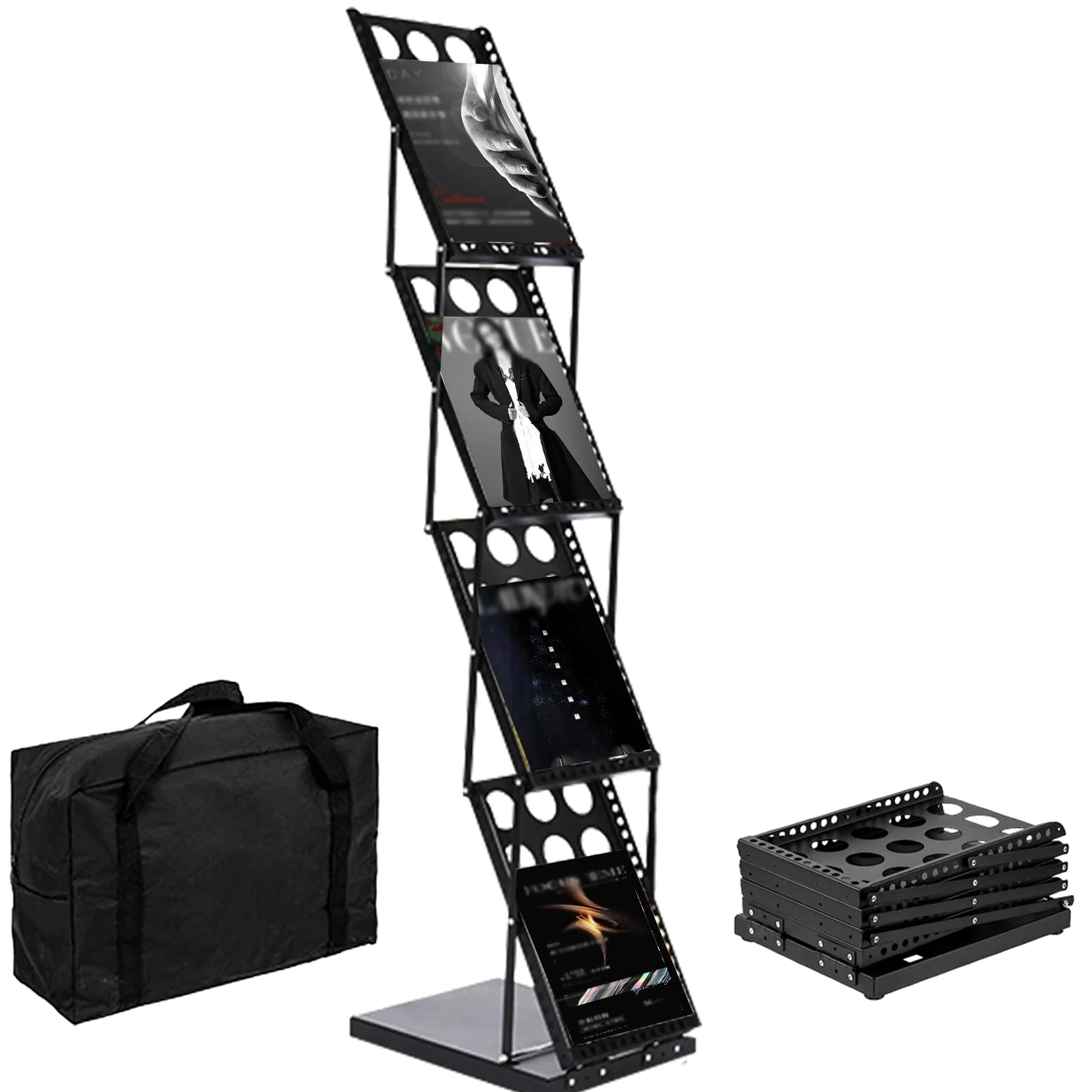 Soporte plegable para catálogo de 4 niveles con bolsa de almacenamiento Oxford, compatible con A4, estante de hierro para folletos/folletos/revistas (negro)