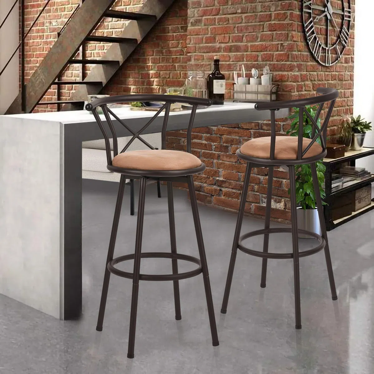 MEUBLE COSY Taburetes de Bar Juego de 2, Sillas de Cocina en Piel Sintética, Giratorio en 360° con Respaldo y Reposapiés, Asiento Acolchado de 75,5 cm de Alto, Patas de Acero