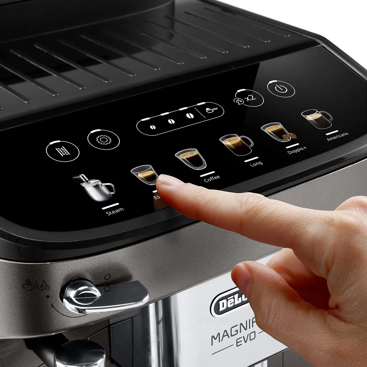 De'Longhi Magnifica Evo ECAM290.42.TB, Máquina de Café Automática con Varilla de Leche, Tamaño Compacto, Máquina de Grano, Espumado Manual de Leche, 4 Recetas, Pantalla Táctil a Color, Negro Titanio