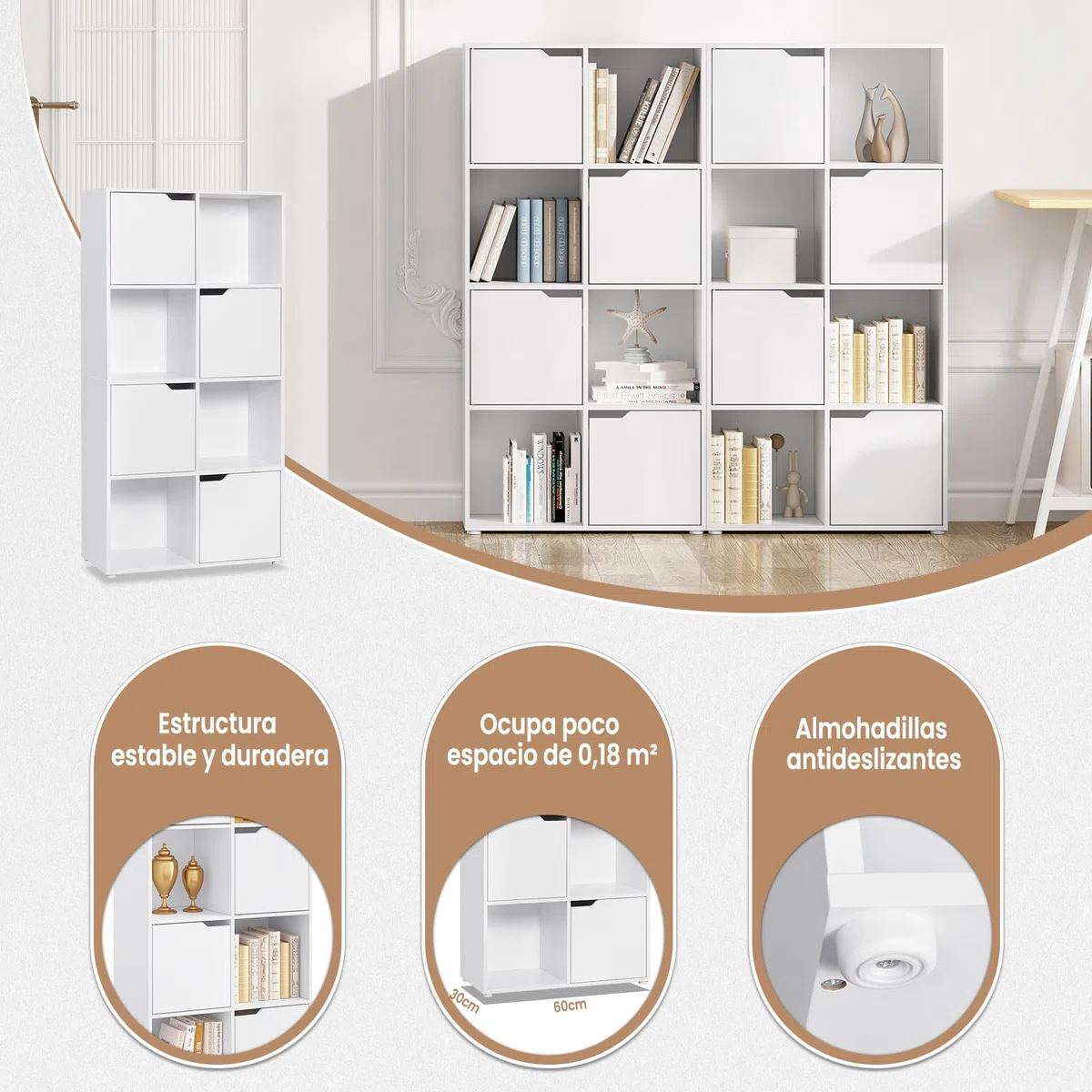 WOLTU Estanteria para Libros de 8 Cubos, Libreria de Cubos de Almacenamiento con Puertas, para Estudio, Dormitorio y Salon, Biblioteca Blanca, 60x30x120 cm, SK039ws