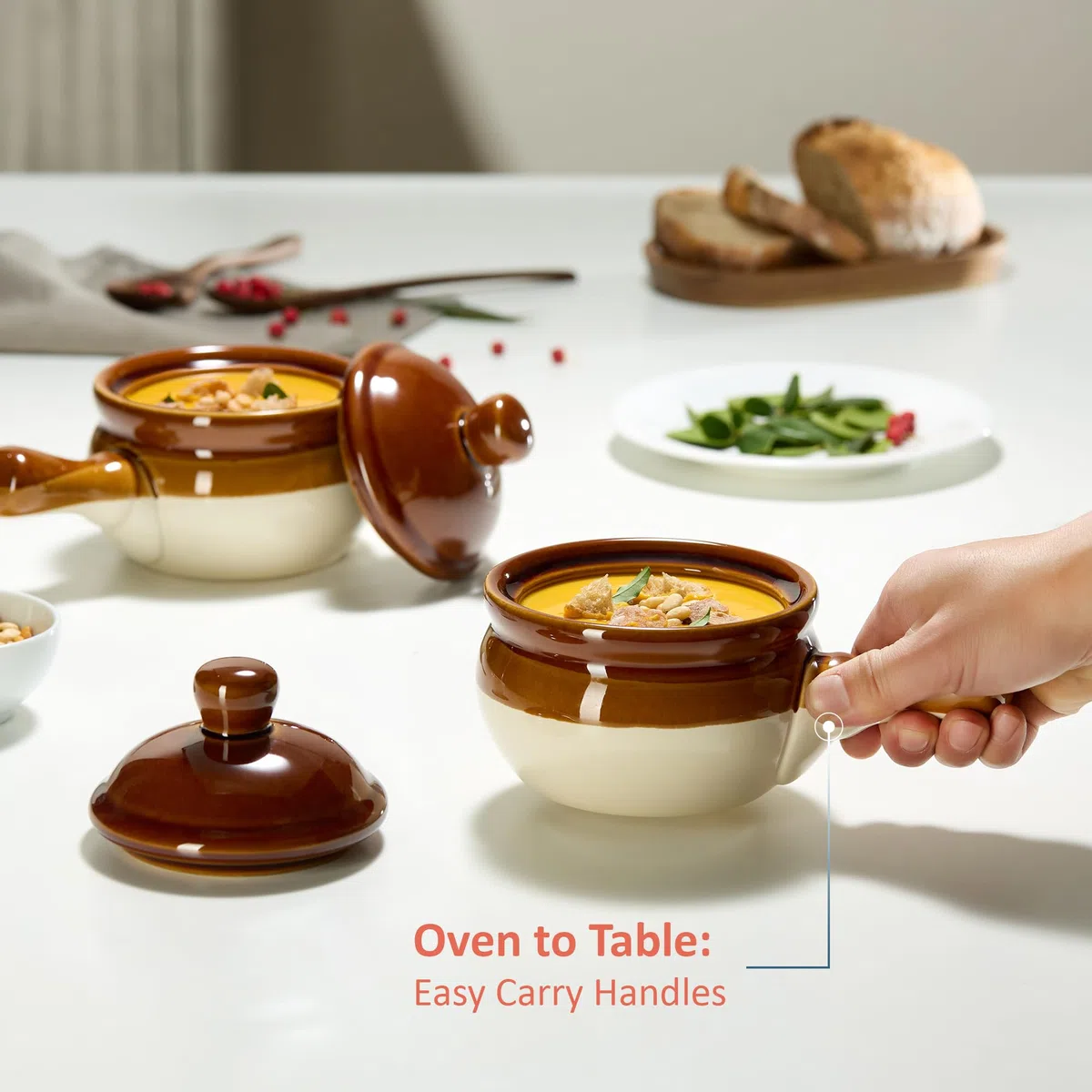 KooK Vajillas para sopa de cebolla francesa con tapas, cuencos de cerámica, asas grandes, aptos para lavavajillas, microondas, horno y asador, marrón/blanco, juego de 4, 15 onzas, colección Puebla