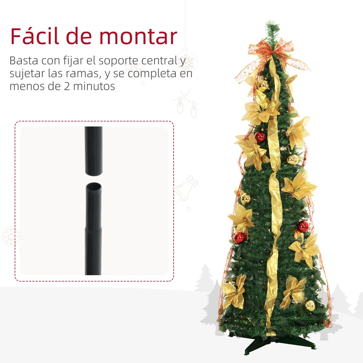 HOMCOM Árbol de Navidad 180 cm con Luces LED Artificial Plegable con Adornos Pre-instalados Árbol Navideño para Interior Verde