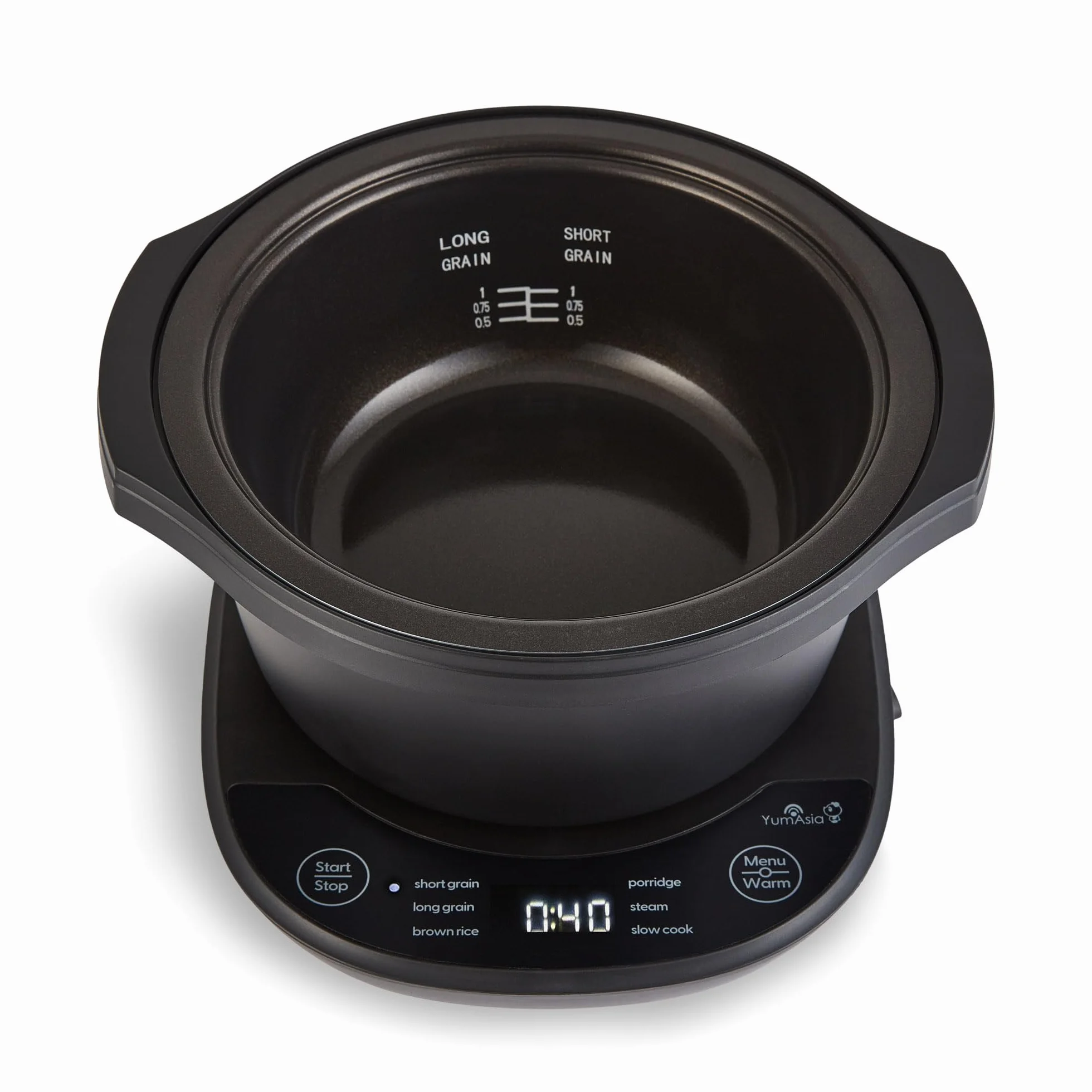 Yum Asia Kotori Mini olla de arroz Donburi con lógica difusa avanzada, cuenco de cerámica ninja (1 taza, 0,18l), 3 funciones de arroz, 3 funciones multicocina, pantalla LED, 220–240V (Negro antracita)