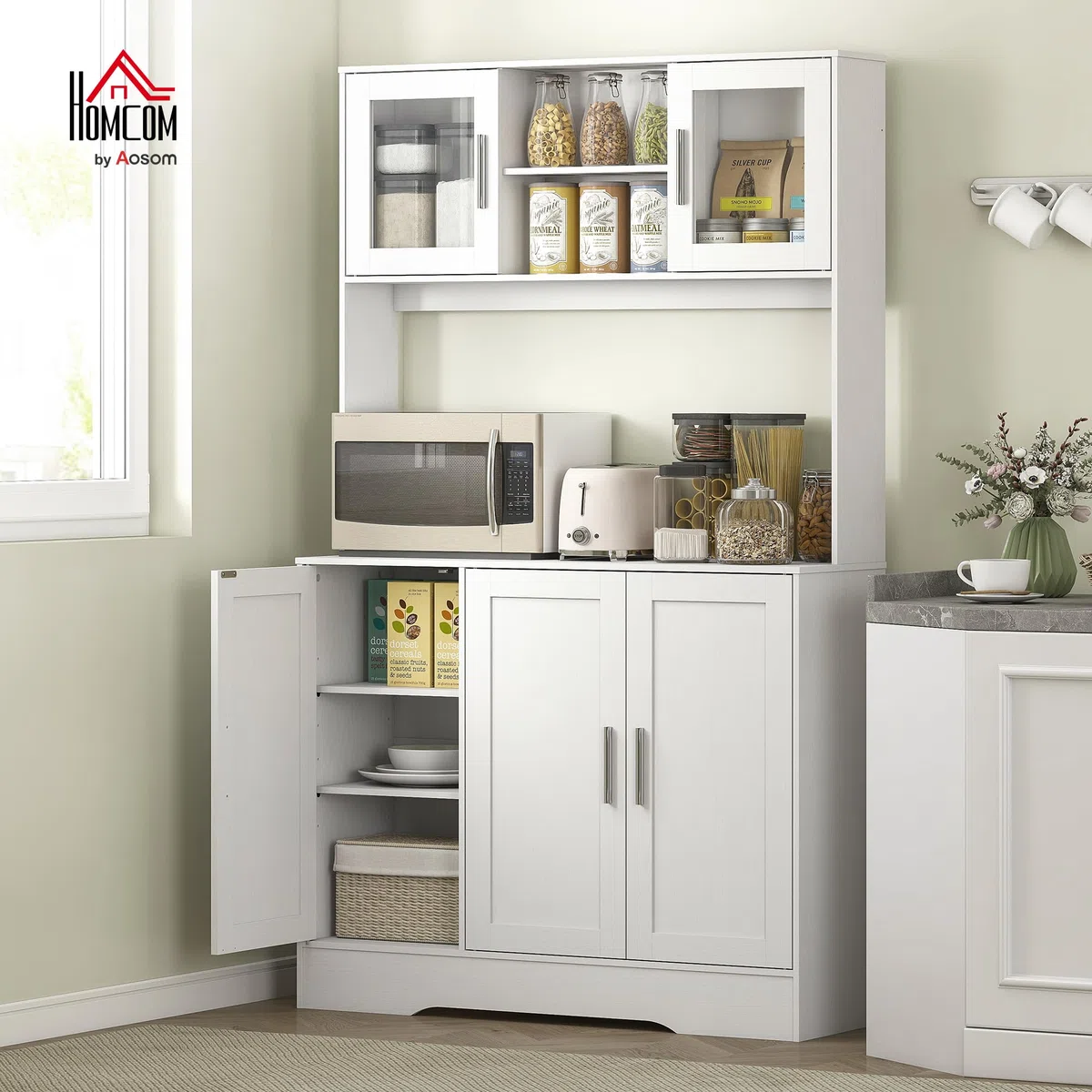 HOMCOM Alacena de Cocina, Mueble Auxiliar de Cocina con 2 Puertas de Vidrio, Encimera Amplia para Microondas, Compartimentos Abiertos, Estantes Ajustables, 108x35x180 cm, Blanco