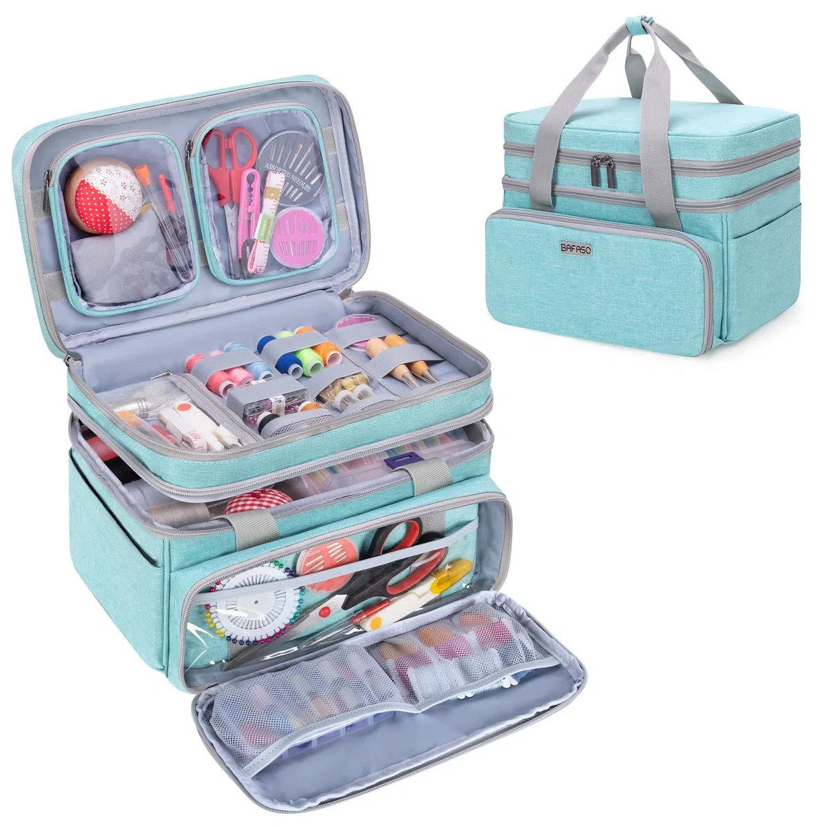 BAFASO Bolsa para Kit de Costura de Doble Capa, Costurero Grande con 2 Bolsillos Desmontables, Bolsa de Costura Grande (Sin Accesorios), Verde