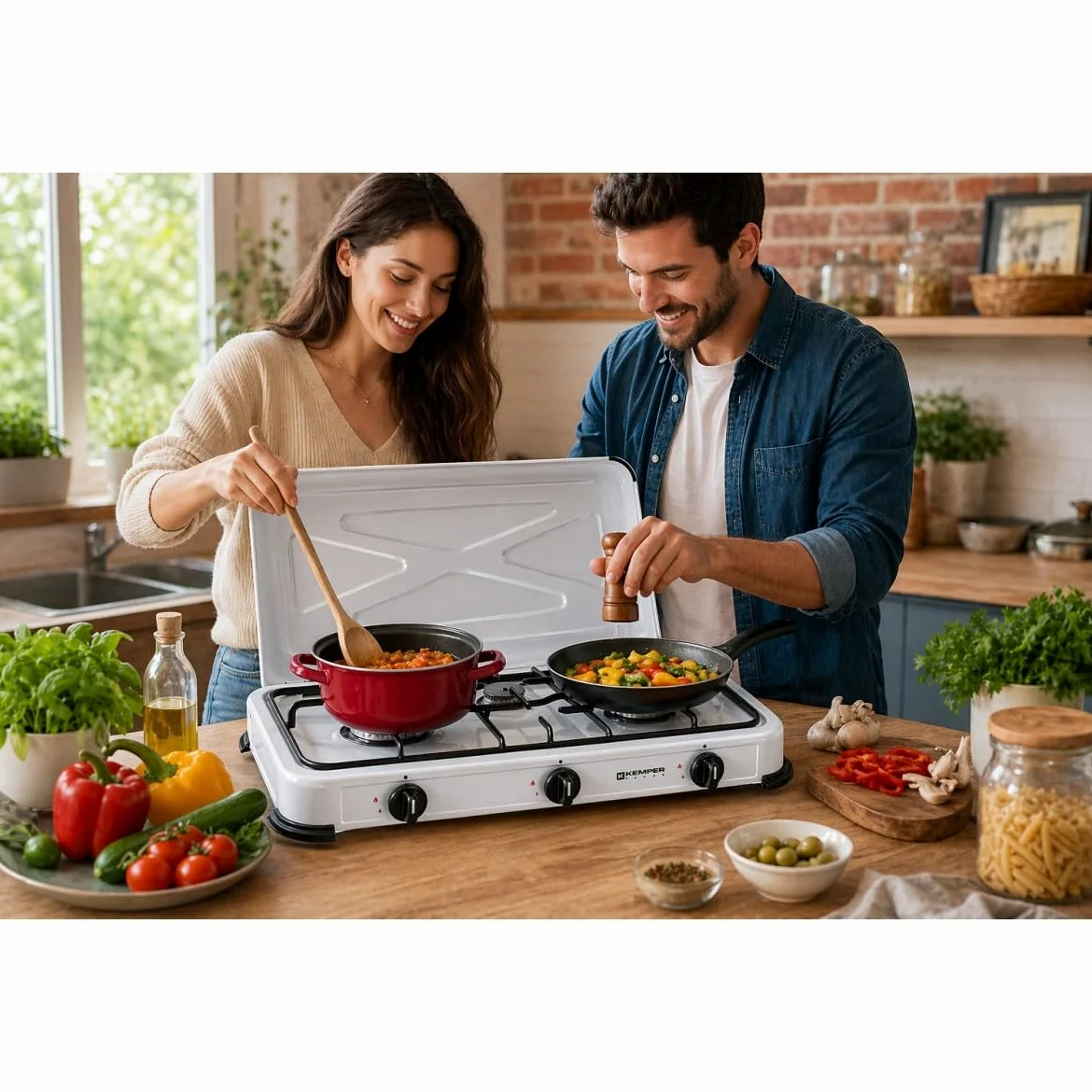 KEMPER – Placa de cocción de gas 3 luces portátil, 3450 W, tapa extraíble, color blanco – Hornillo para camping, conexión de botella de gas Butano/propano simple y segura