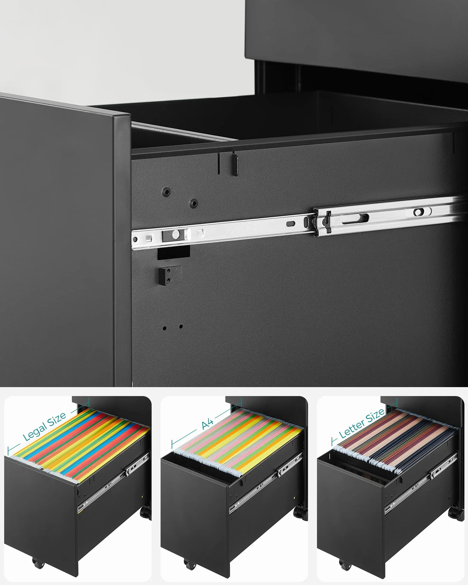 SONGMICS Archivador móvil, Cajonera de Oficina con Ruedas y Cerradura, para A4, Documentos, Carpetas de Archivo, Negro OFC031B01