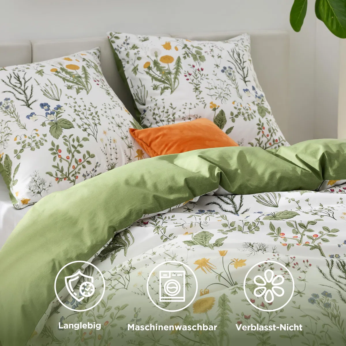 BEDSURE Juego de ropa de cama reversible de algodón, 155 x 220 cm, funda nórdica de 3 piezas con 2 fundas de almohada de 80 x 80 cm, color verde salvia, diseño de flores, con cremallera