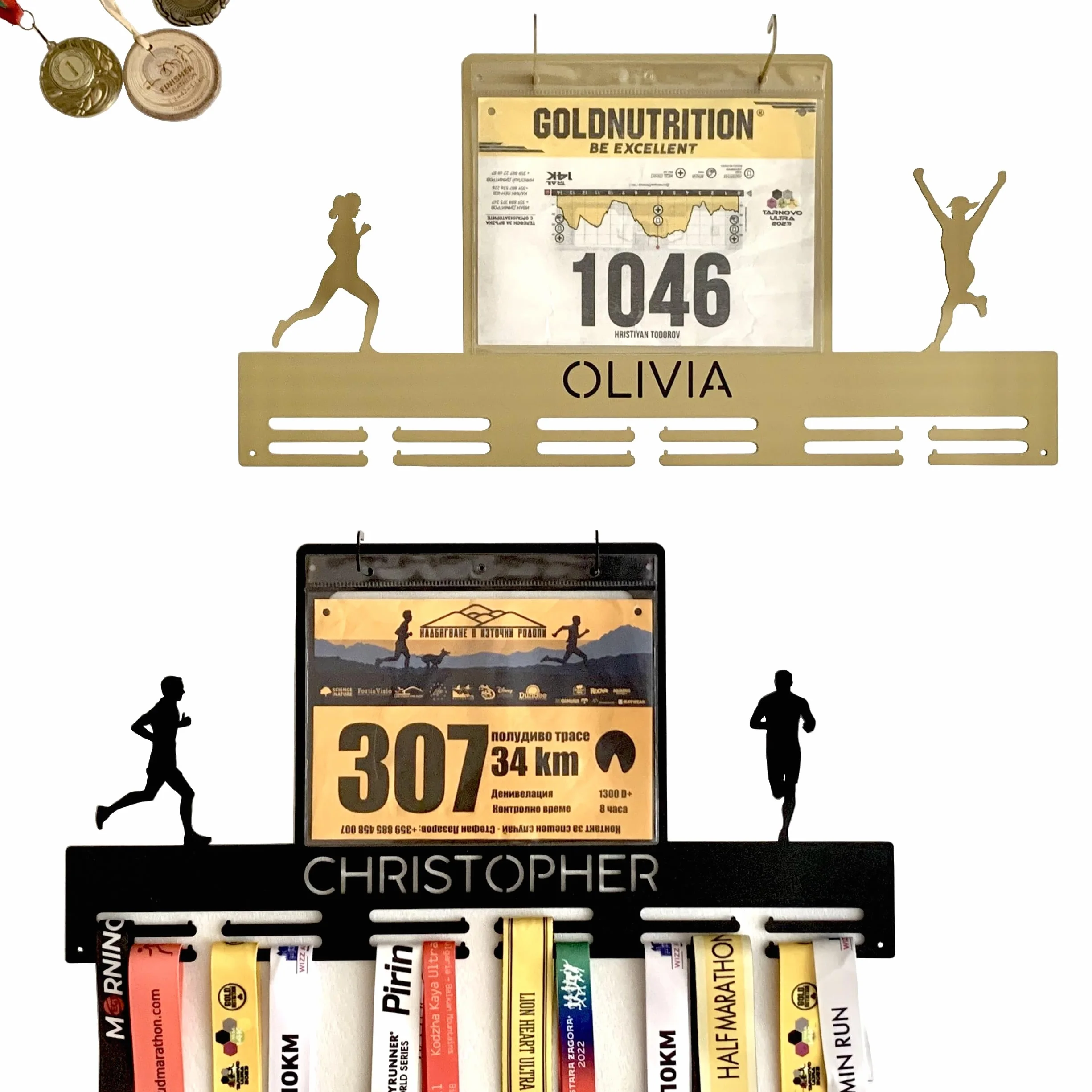FranJohnsonHouse Porta Medallas Personalizado de Metal con Nombre y Dorsales - Soporte para Running - Atletas Hombre o Mujer, 2 Figuras Corriendo