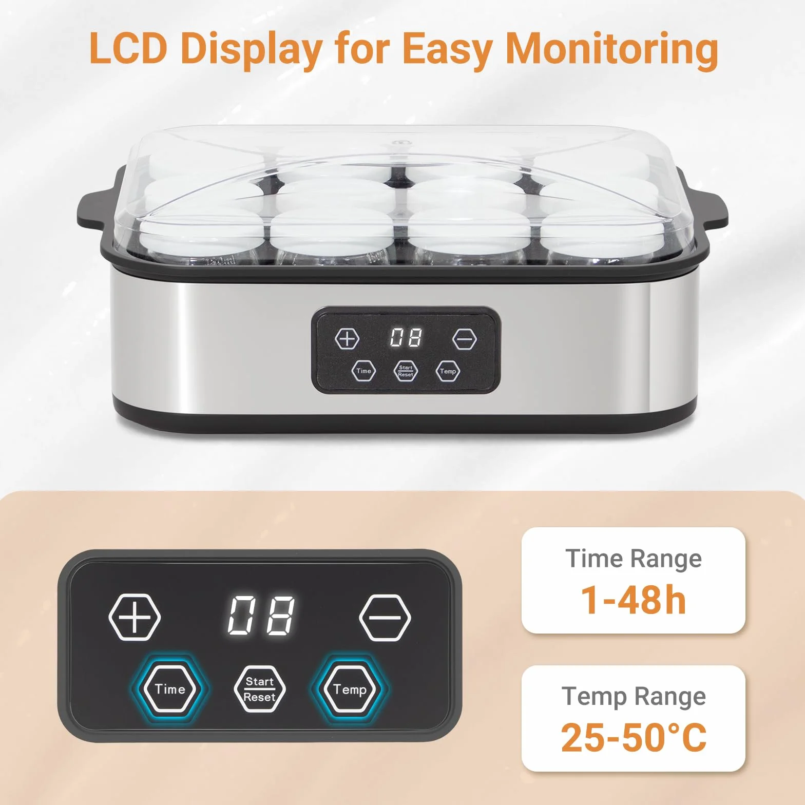 Todeco Yogurtera Eléctrica con 12 Tarros de 180 ml con Tapa, Acero Inoxidable, Temperatura Ajustable, Temporizador, Máquina de Yogur Casero, para Yogur Griego, Yogur Frutas