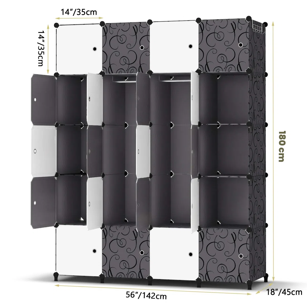 HOMIDEC Armario Modular, Guardarropa portátil para Colgar Ropa, 20 Cubo Ropero Armario Combinado con 3 Barra Colgante, Armario de Almacenaje de Ropa para Dormitorio