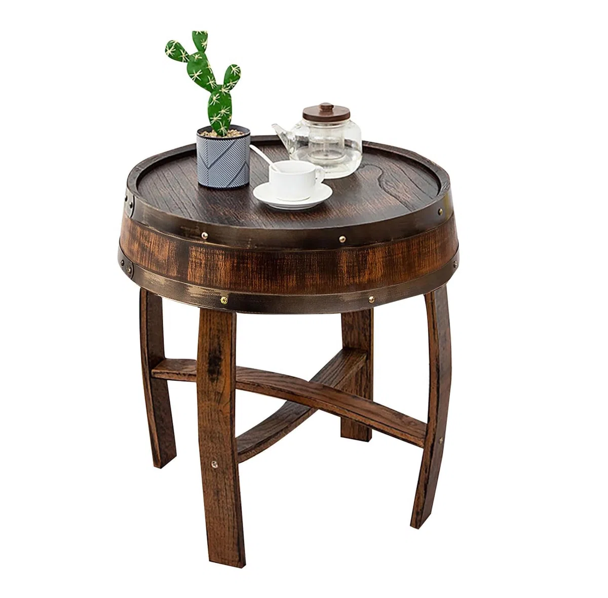 Mesa auxiliar redonda rústica, hecha a mano, de madera de roble, decoración única de mesa de café para el hogar y la sala de estar